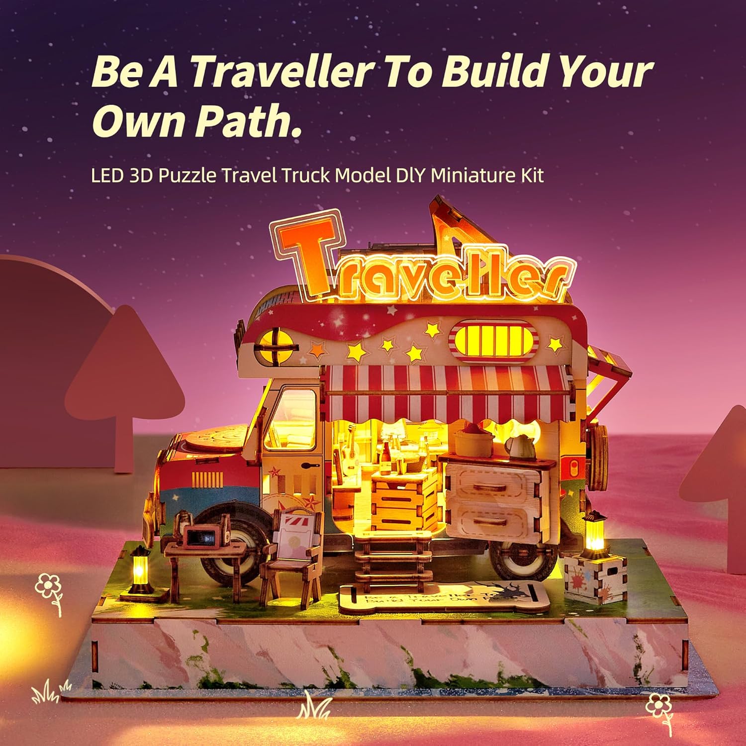 FUNPOLA 3D Wood Puzzle Travel Truck Model - DIY Miniature Adventure Truck Kit with LED Lights - Creative Gift for Kids and Adults(Travel Truck)