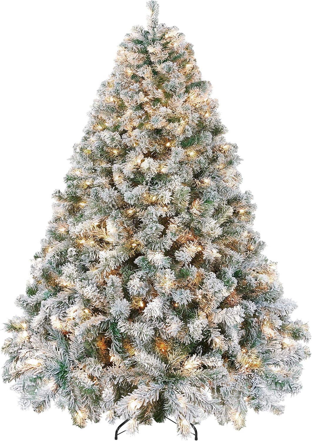 6ft Snow Flocked Pre-lit Christmas Tree with 250 Warm White Lights, 820 Lush Branch Tips & Quick-Assembly Hinged Design, Full Artificial Xmas Tree for Winter Holiday Décor, Green & White