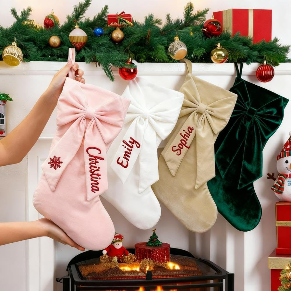 Flycalf Velvet Christmas Stockings 6 Pack Large 20 Inches with Hanging Loop Embroidery Classic Luxury Family Ornament Fireplace Hanging Stockings for Christmas Decorations