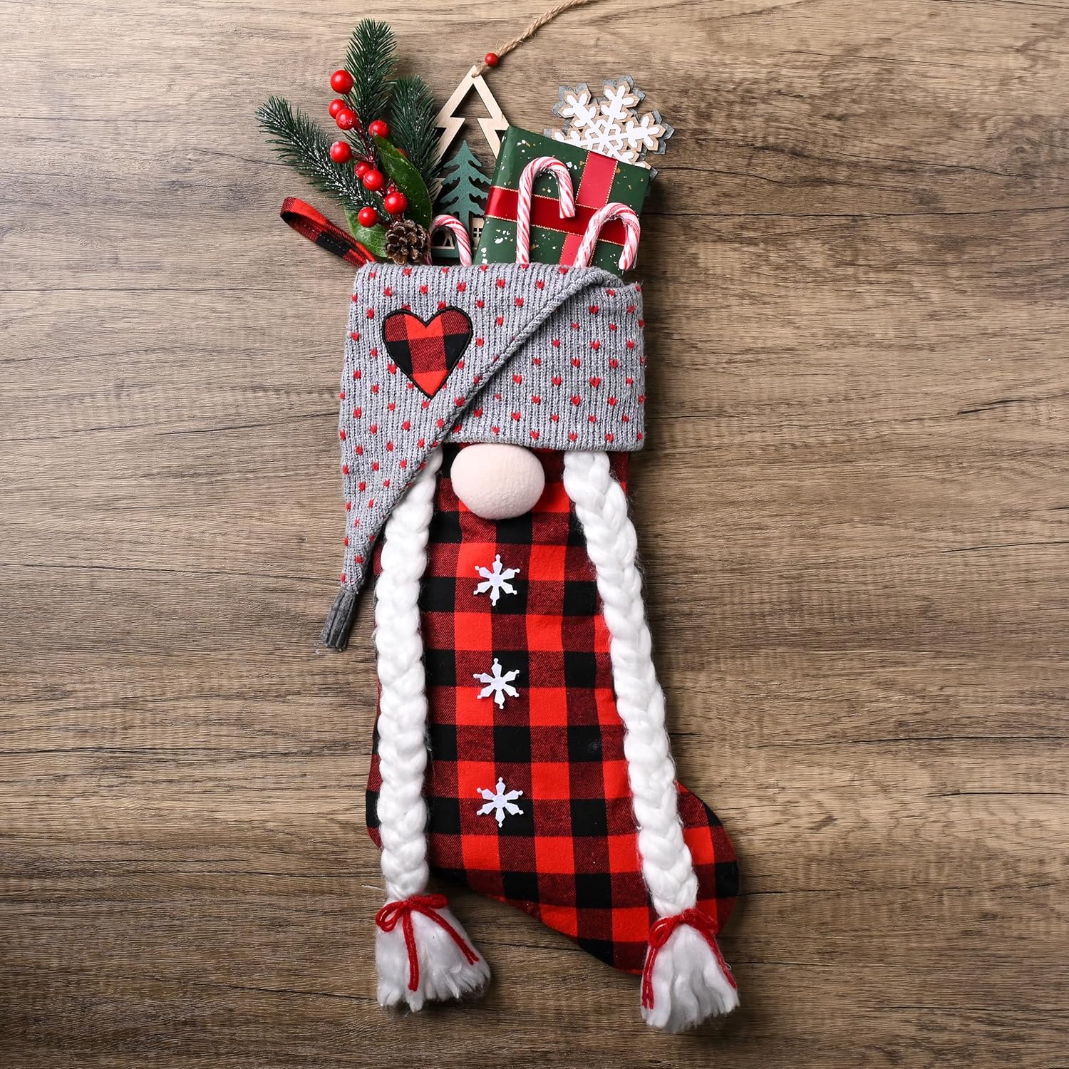 Valery Madelyn 21 Inch Christmas Gnome Stockings Decorations, 2 Pack Fabric Red Gray Tartan Cute Stocking with Name Tag, Valentine Day Gifts for Gnomes Lover and Women