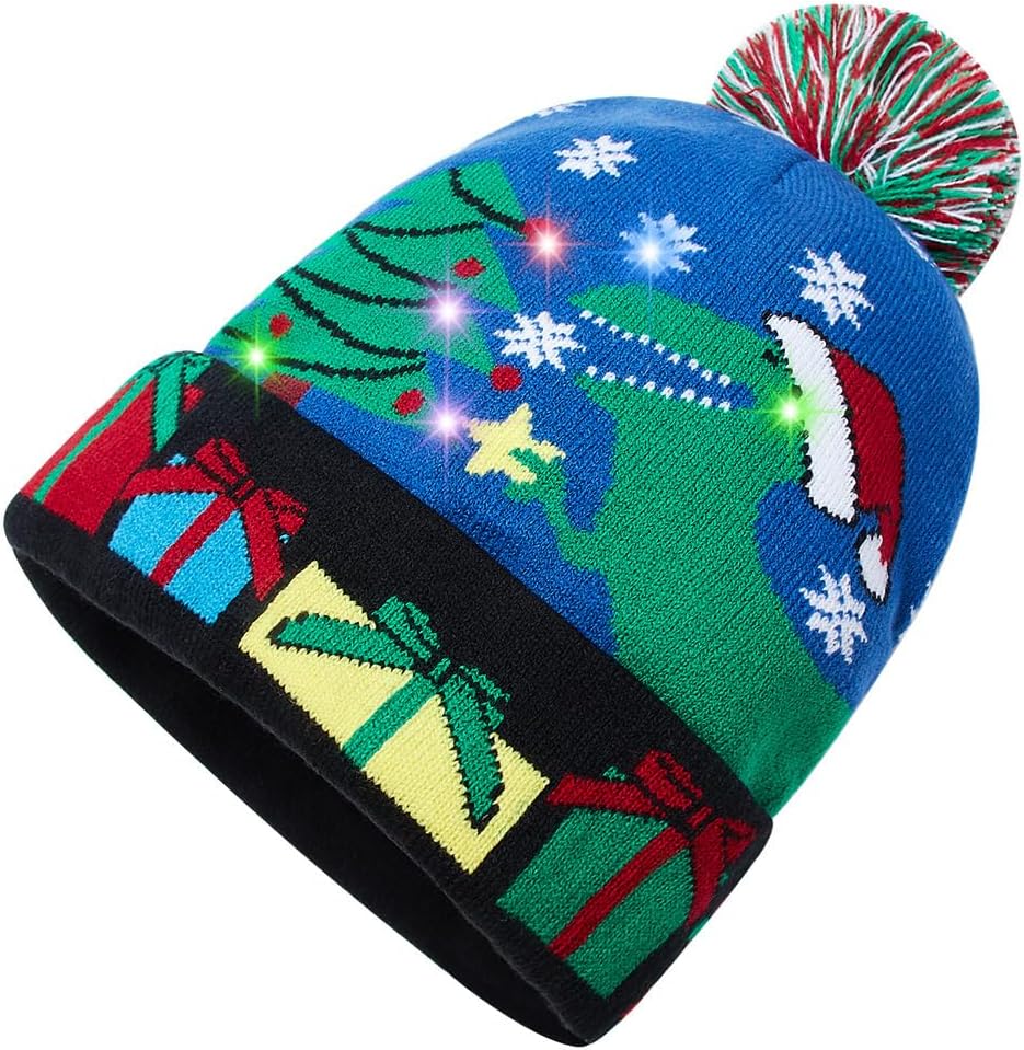 Unisex Ugly LED Christmas Hat Novelty Colorful Light-up Stylish Knitted Sweater Xmas Party Beanie Cap(6 Lights)