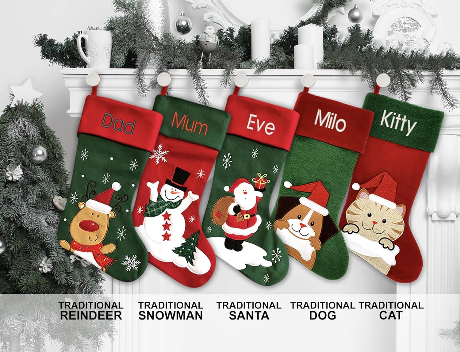 Personalized Christmas Stocking - Santa Stocking - Embroidered Name - Large 18.5inch, Traditional Red and Green, Family Holiday Season Decor