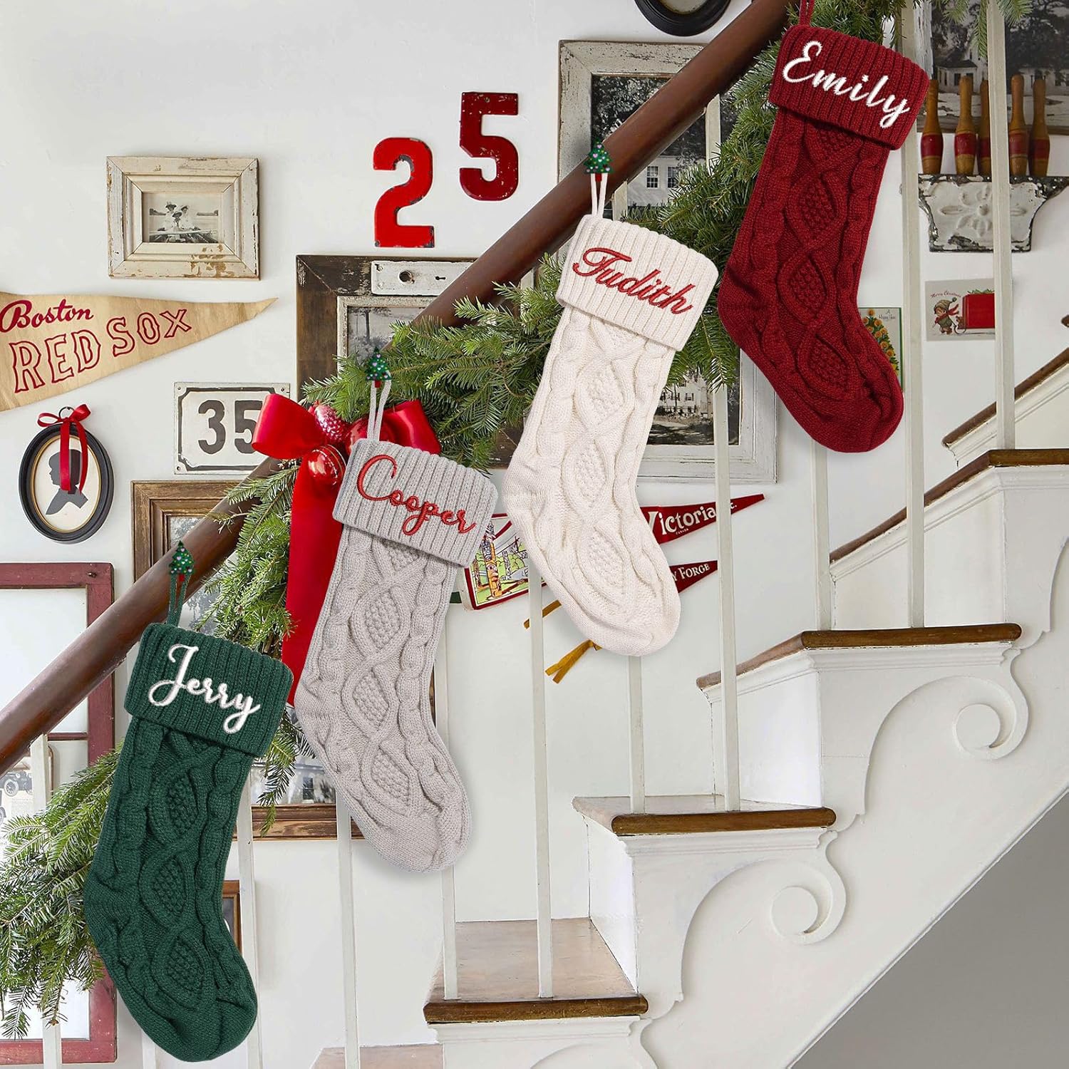 Flycalf Velvet Christmas Stockings 6 Pack Large 20 Inches with Hanging Loop Embroidery Classic Luxury Family Ornament Fireplace Hanging Stockings for Christmas Decorations
