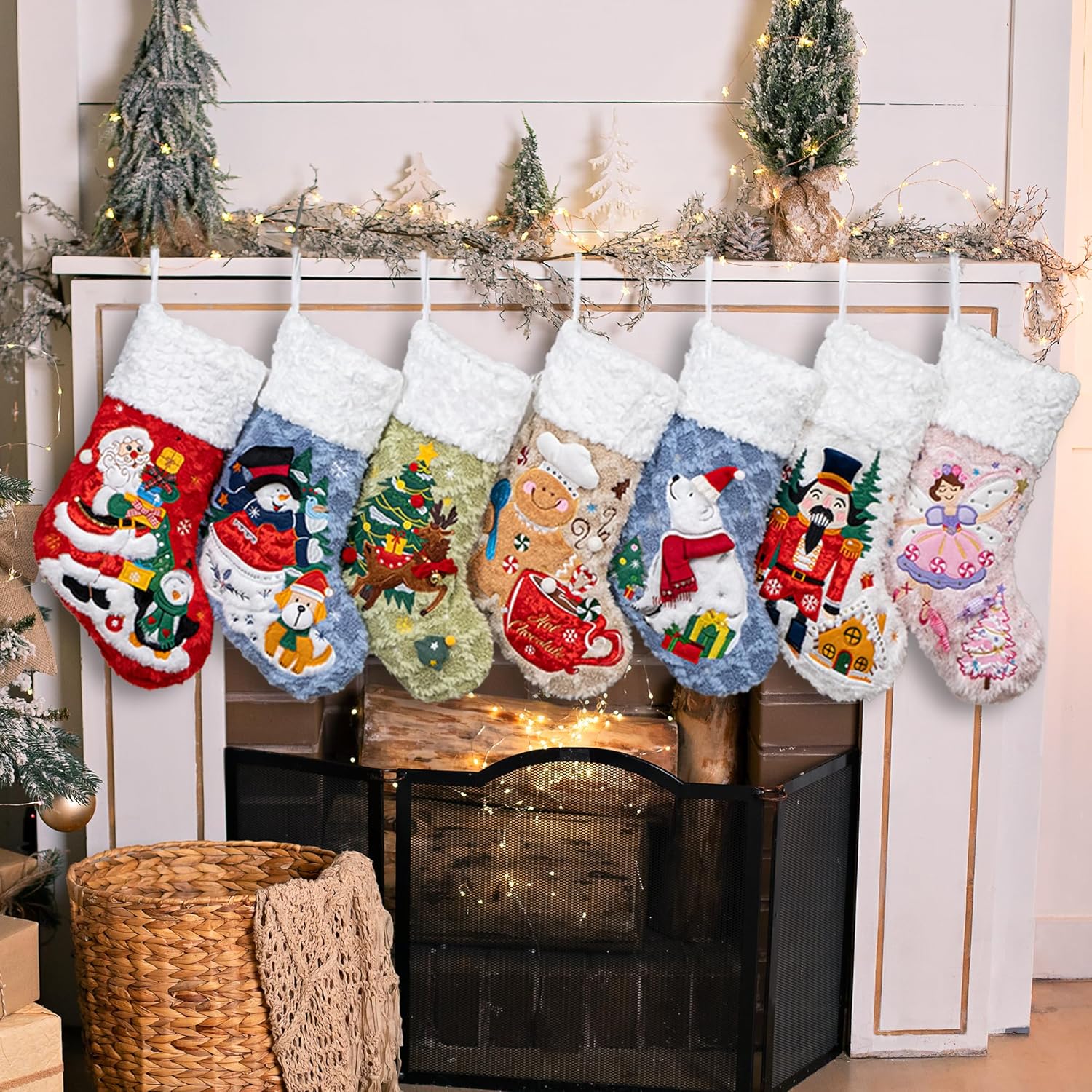 BHD BEAUTY Set of 6 Christmas Stockings Gray Burlap Buffalo Red Plaid Soft Faux Fur 20 Inches Lovely Embroidery Pattern for Family Decorations Hanging Ornament for Xmas Holiday Party