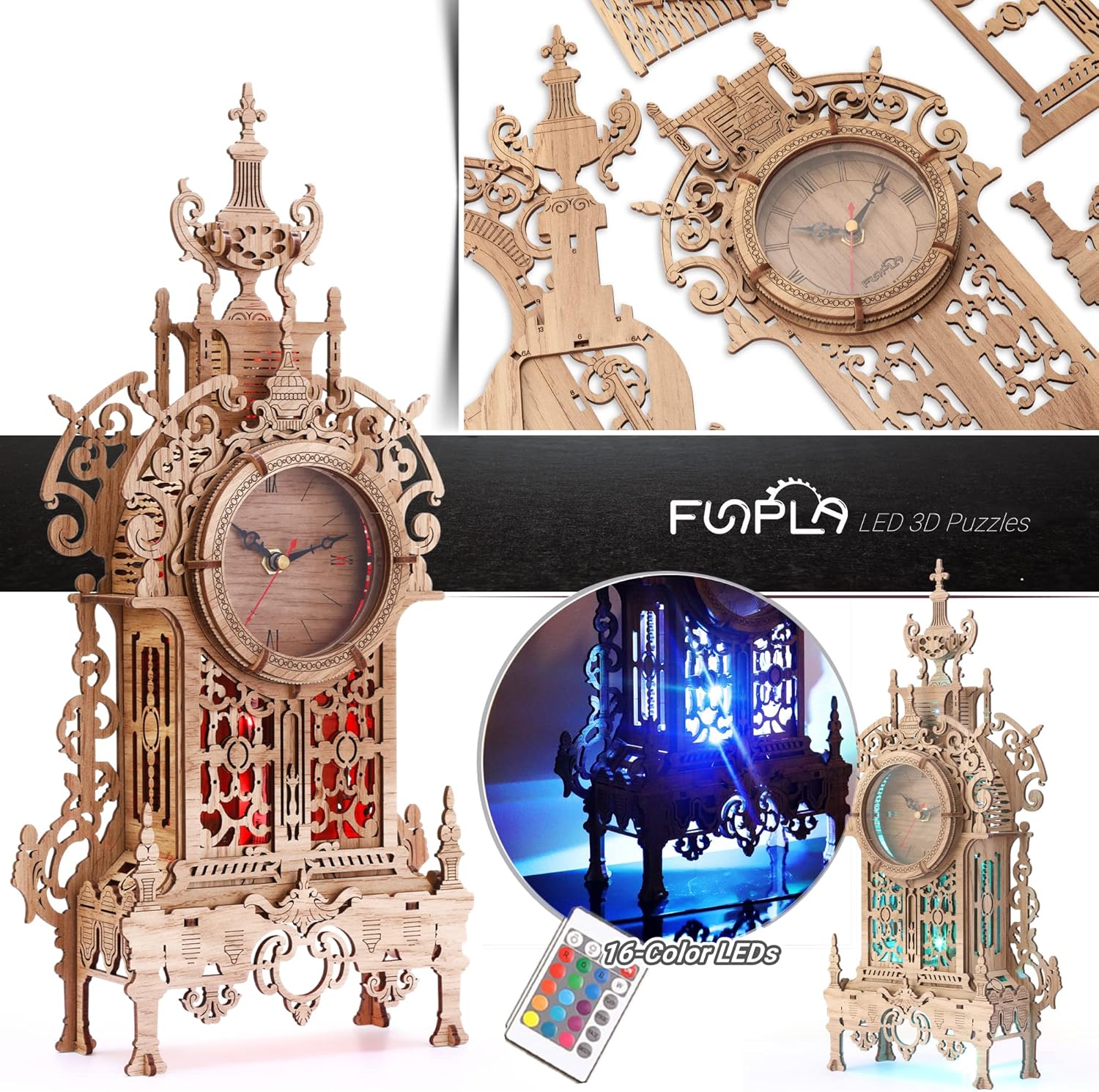 FUNPOLA 3D Wood Puzzle LED Tower Clock, 3D Puzzle Building Desktop Clock Model DIY Architectural Building Blocks (LED-TC01 Wood)