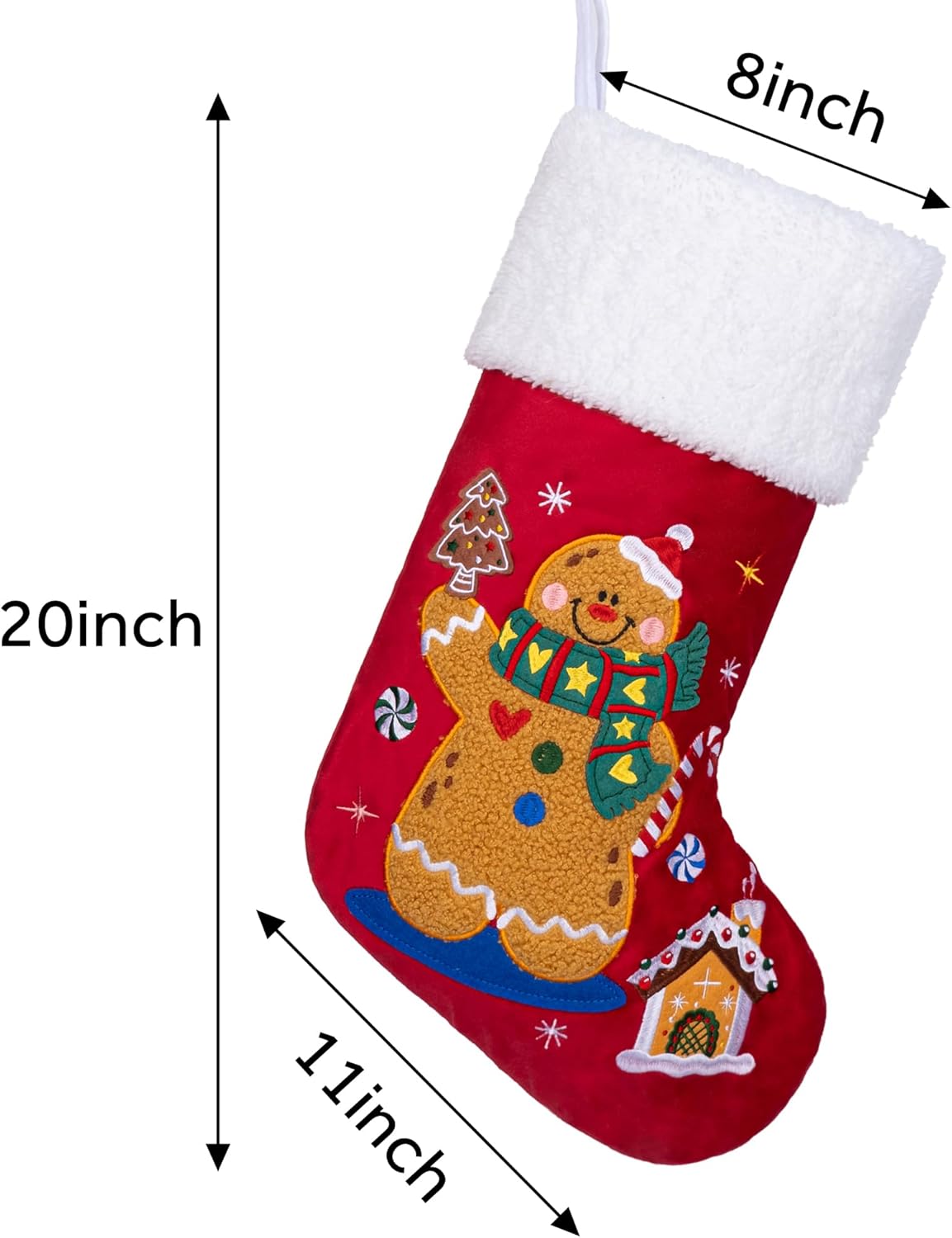 BHD BEAUTY Set of 6 Christmas Stockings Gray Burlap Buffalo Red Plaid Soft Faux Fur 20 Inches Lovely Embroidery Pattern for Family Decorations Hanging Ornament for Xmas Holiday Party