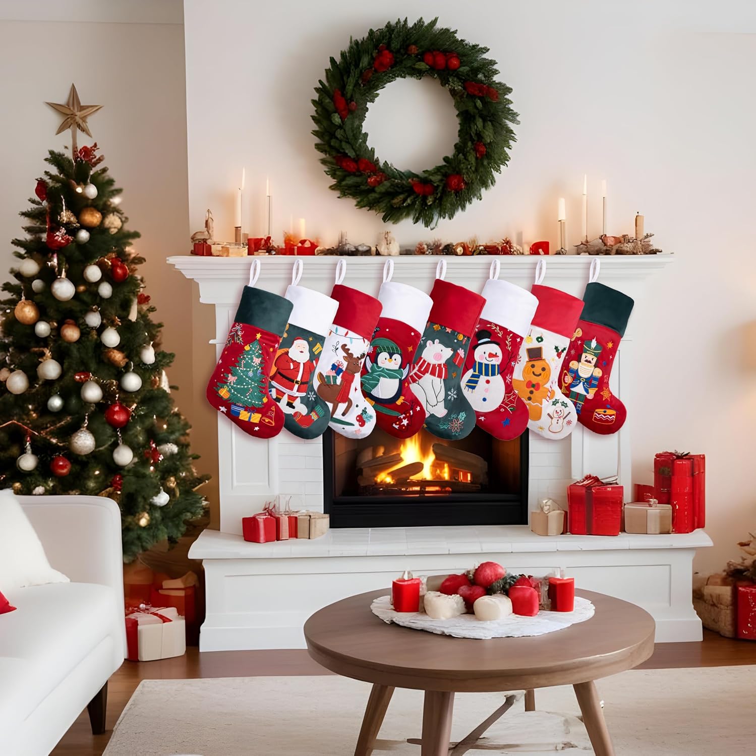 BHD BEAUTY Set of 6 Christmas Stockings Gray Burlap Buffalo Red Plaid Soft Faux Fur 20 Inches Lovely Embroidery Pattern for Family Decorations Hanging Ornament for Xmas Holiday Party