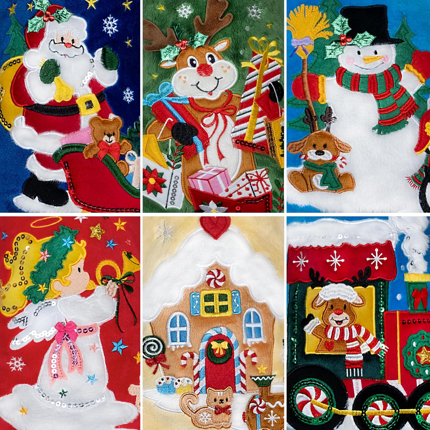 BHD BEAUTY Set of 6 Christmas Stockings Gray Burlap Buffalo Red Plaid Soft Faux Fur 20 Inches Lovely Embroidery Pattern for Family Decorations Hanging Ornament for Xmas Holiday Party