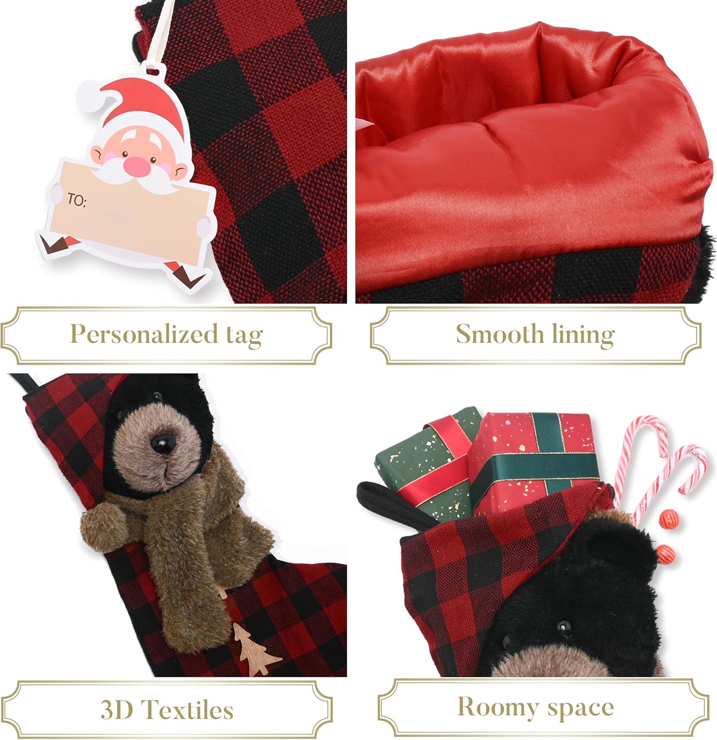 Valery Madelyn Christmas Stockings for Christmas Gifts & Decorations, 21 Inch Fabric Red Black Tartan Bear Cute Plush Personalized Fireplace Hanging Ornament for Holiday Xmas Party Decor