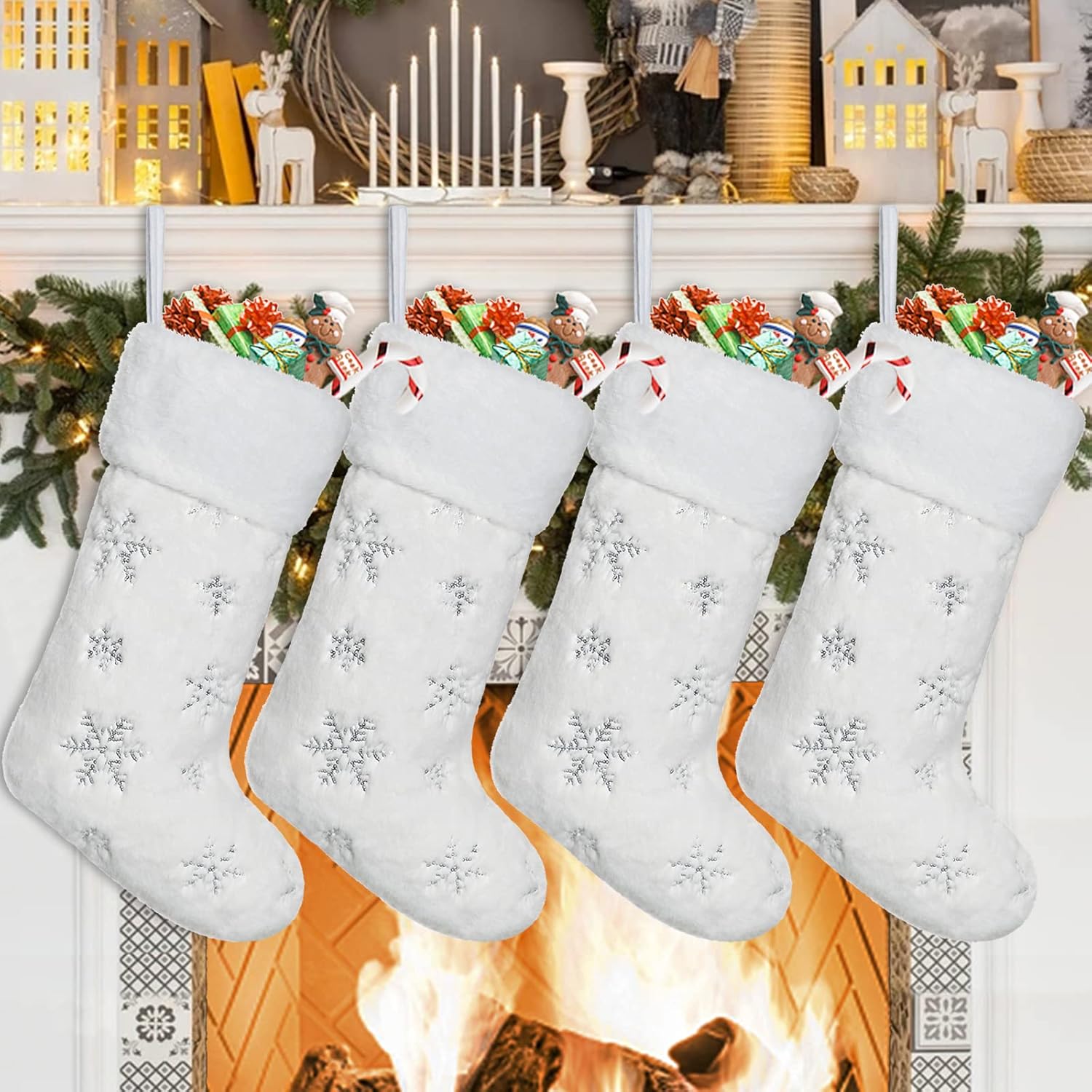 Dremisland 4 Pack Christmas Stockings - 20 Inch Cream White Faux Fur Xmas Stockings with Silver Sequin Snowflakes Super Soft Thick Plush Xmas Stockings for Christmas Decoration Holiday Decor (Sliver)