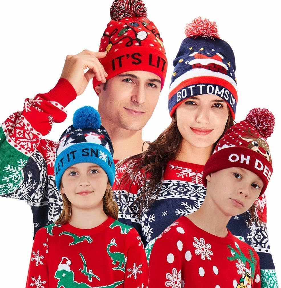 Unisex Ugly LED Christmas Hat Novelty Colorful Light-up Stylish Knitted Sweater Xmas Party Beanie Cap(6 Lights)