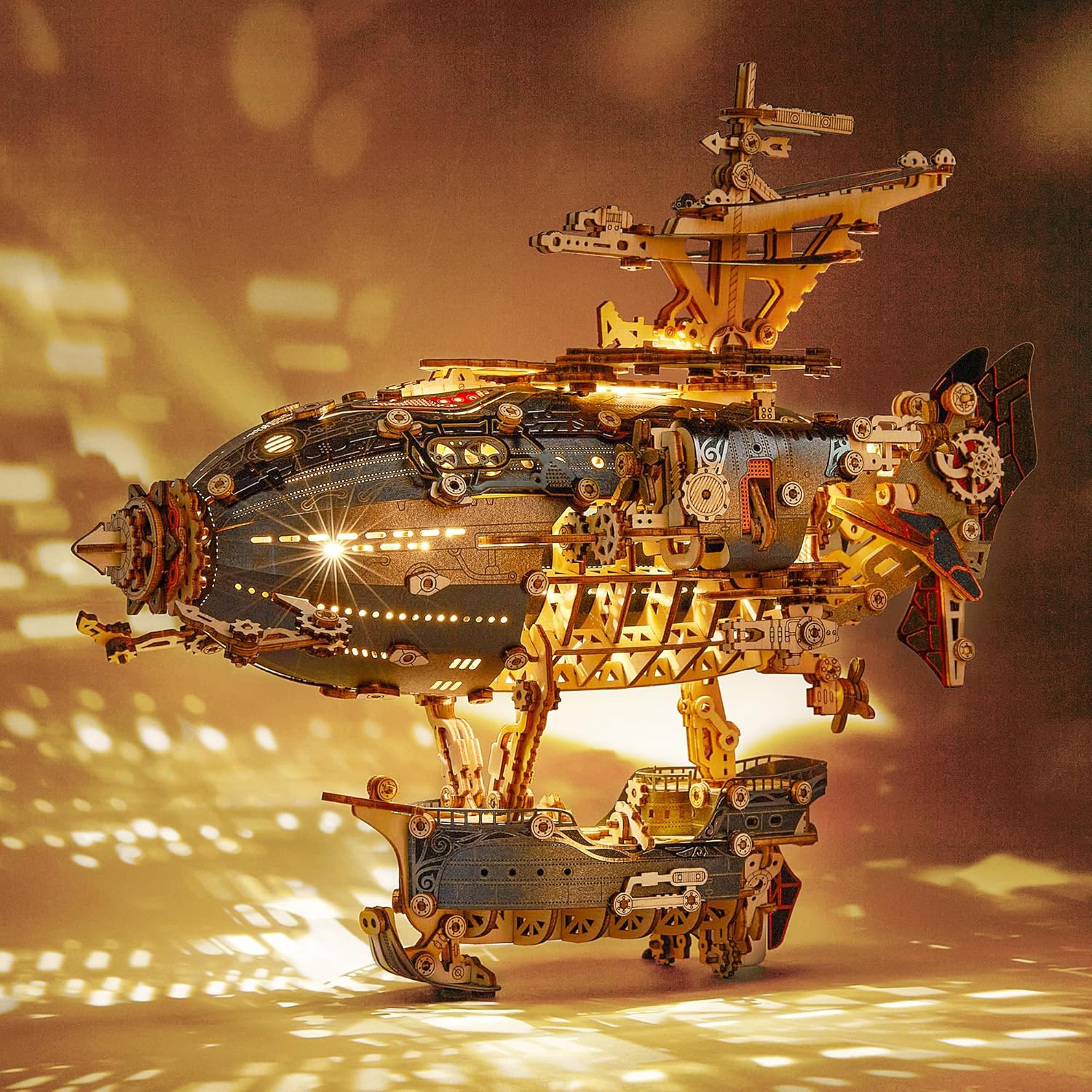 FUNPOLA LED 3D Wood Puzzle Fantasy Airship Model - Steampunk DIY Craft Kit with LED Lights – Intricate Wooden Airship Model Building Set for Teens and Adults(White)