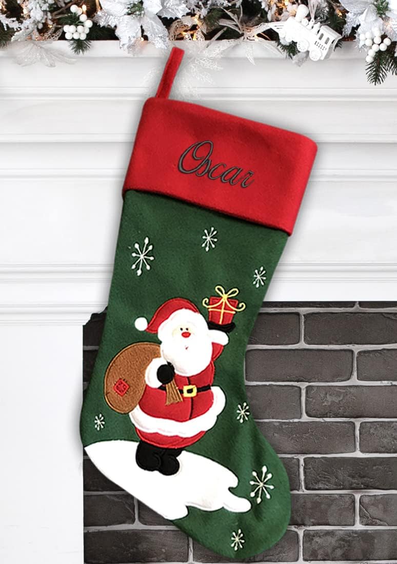 Personalized Christmas Stocking - Santa Stocking - Embroidered Name - Large 18.5inch, Traditional Red and Green, Family Holiday Season Decor