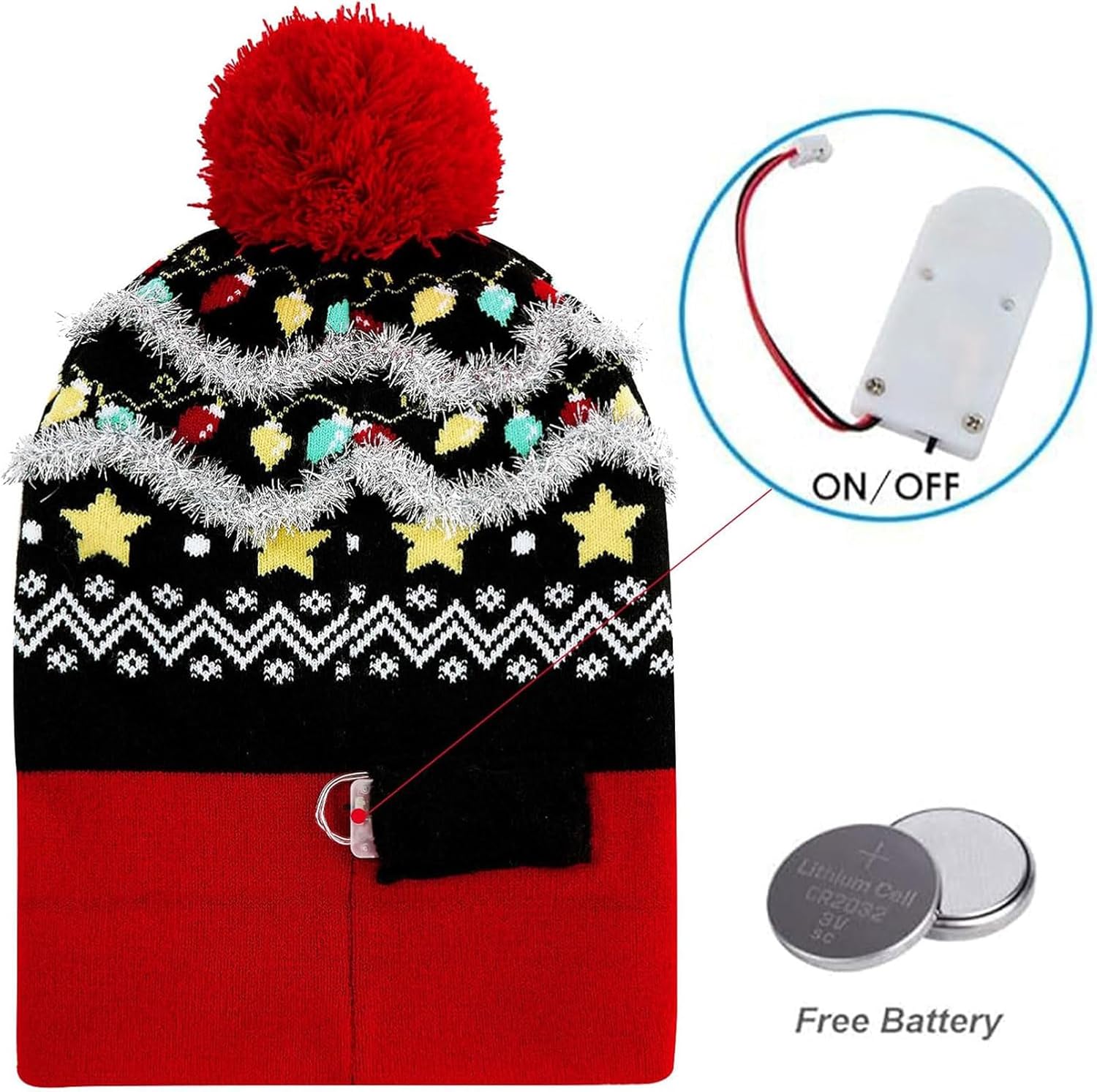 Unisex Ugly LED Christmas Hat Novelty Colorful Light-up Stylish Knitted Sweater Xmas Party Beanie Cap(6 Lights)