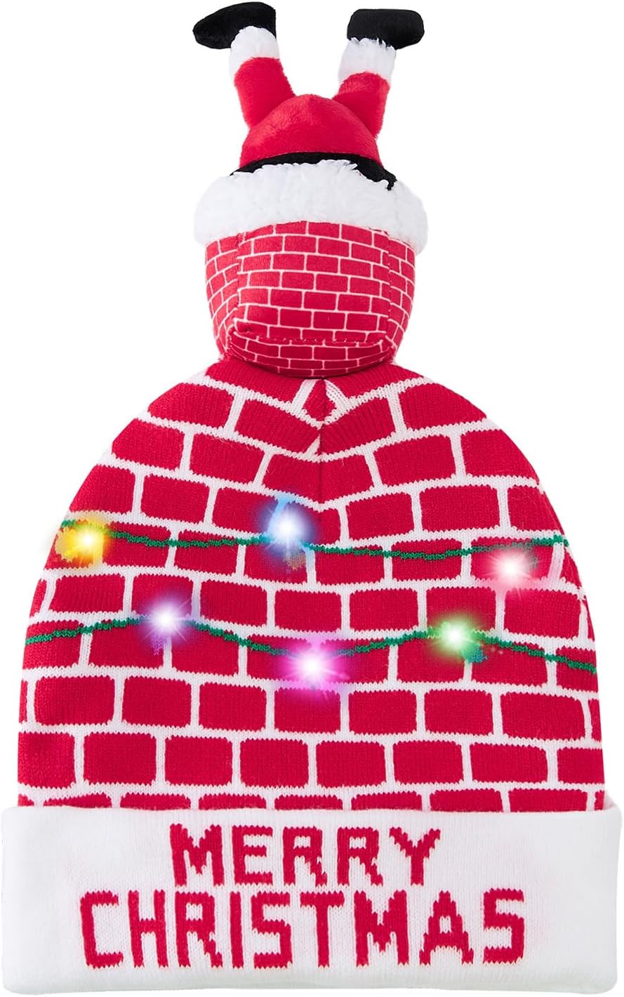 Unisex Ugly LED Christmas Hat Novelty Colorful Light-up Stylish Knitted Sweater Xmas Party Beanie Cap(6 Lights)