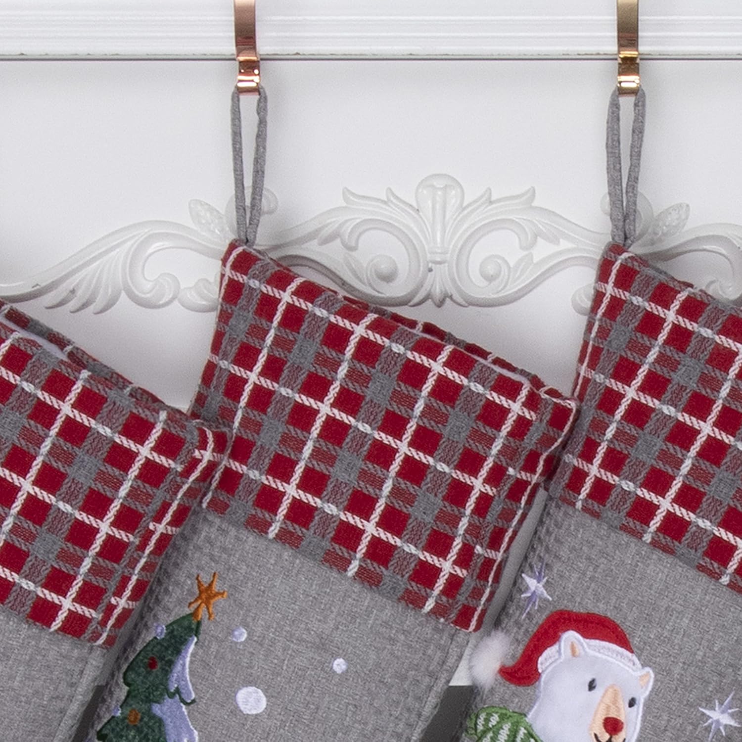BHD BEAUTY Set of 6 Christmas Stockings Gray Burlap Buffalo Red Plaid Soft Faux Fur 20 Inches Lovely Embroidery Pattern for Family Decorations Hanging Ornament for Xmas Holiday Party