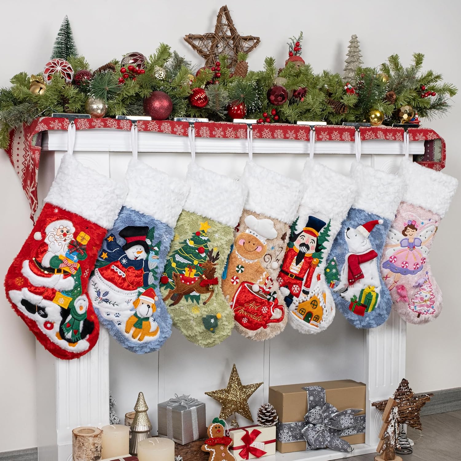 BHD BEAUTY Set of 6 Christmas Stockings Gray Burlap Buffalo Red Plaid Soft Faux Fur 20 Inches Lovely Embroidery Pattern for Family Decorations Hanging Ornament for Xmas Holiday Party