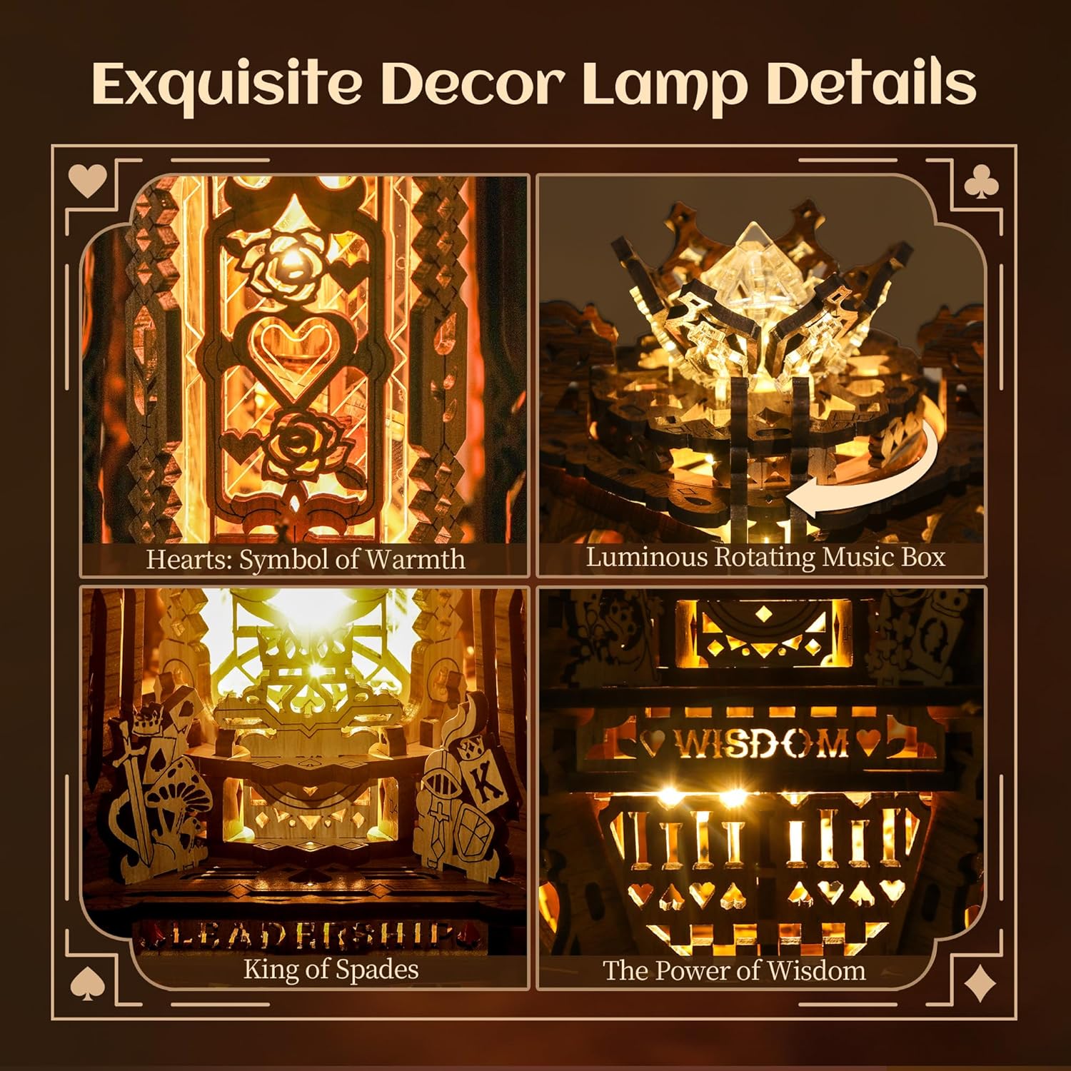 FUNPOLA LED 3D Wood Puzzle Poker World Projector Lamp – DIY Craft Kit with LED Lights and Music Box – Creative Poker-Themed Lamp, Nightlight Gift for Home Décor (Black Walnut)