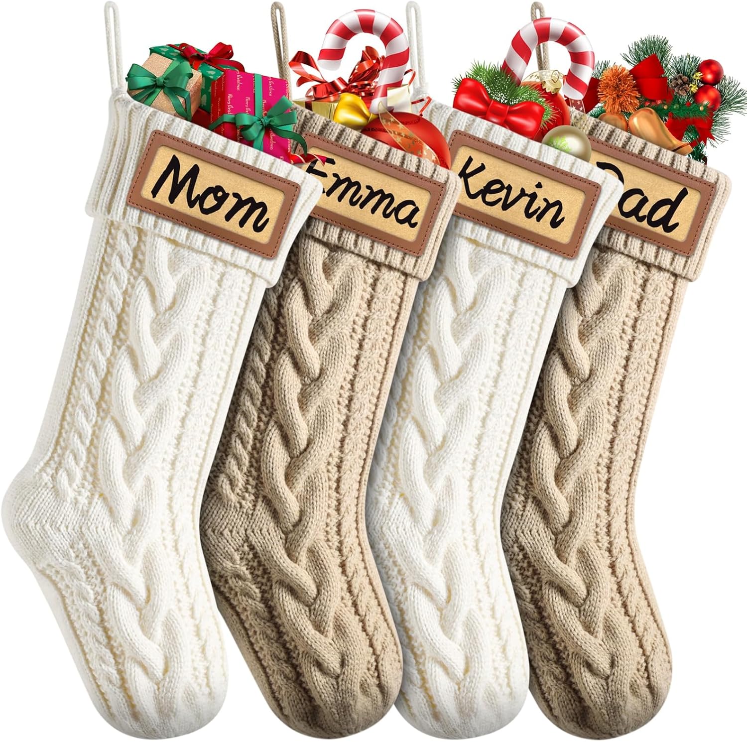 Dalzom® 4Pcs Personalized Christmas Stockings with Leather Patches Custom Name, 18” Premium Large Knitted Christmas Stockings for Kids, Family, Holiday and Fireplace Party Decoration