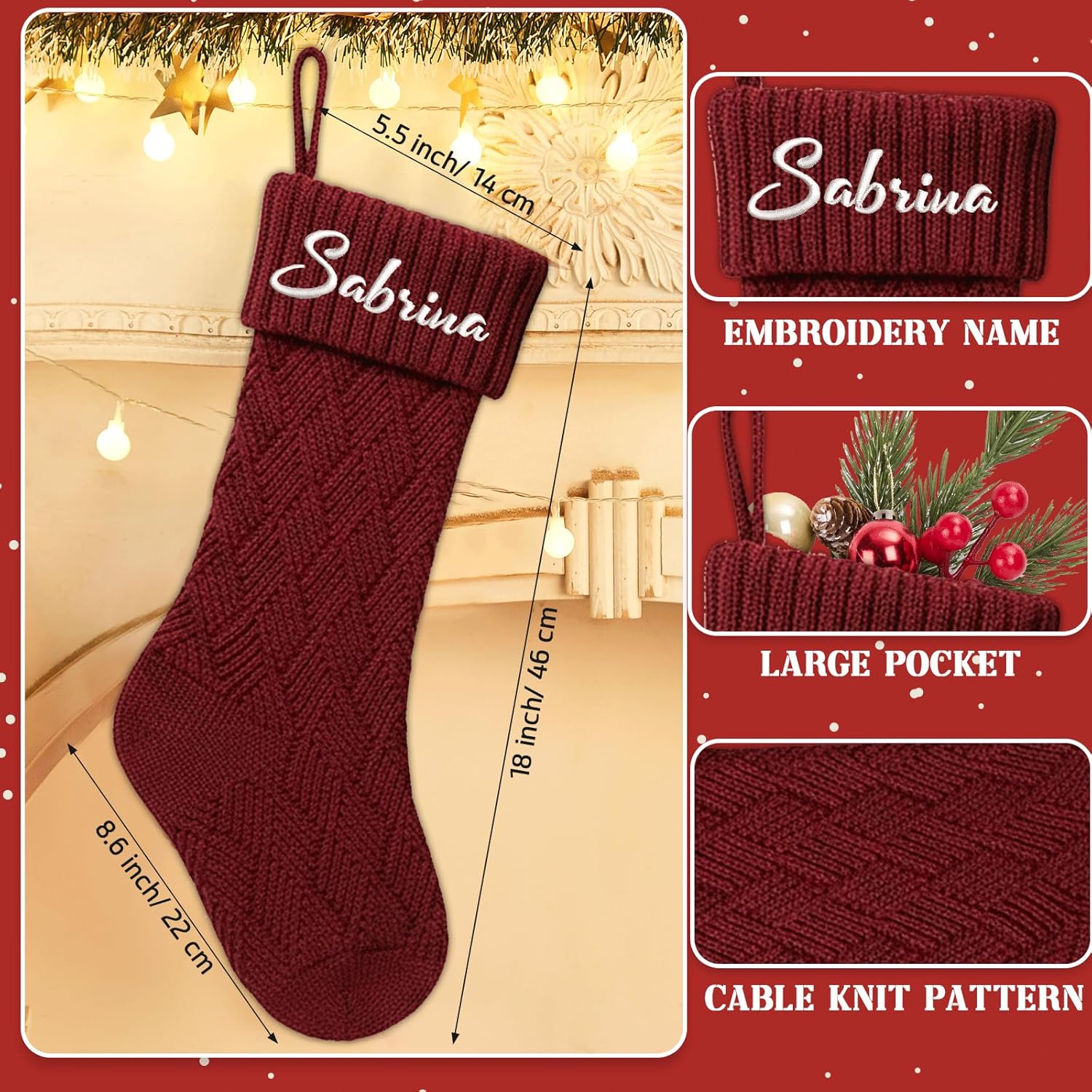 Flycalf Velvet Christmas Stockings 6 Pack Large 20 Inches with Hanging Loop Embroidery Classic Luxury Family Ornament Fireplace Hanging Stockings for Christmas Decorations