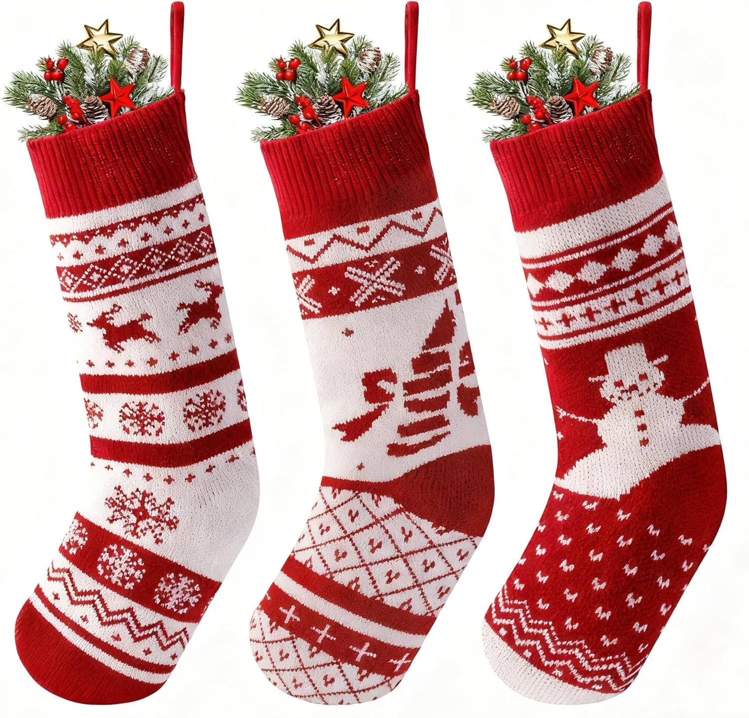 JOYIN 3 Pack 18” Christmas Stockings, Large Size Rustic Cable Knit Xmas Stocking in Red & Green, for Family Holiday Season Decorations