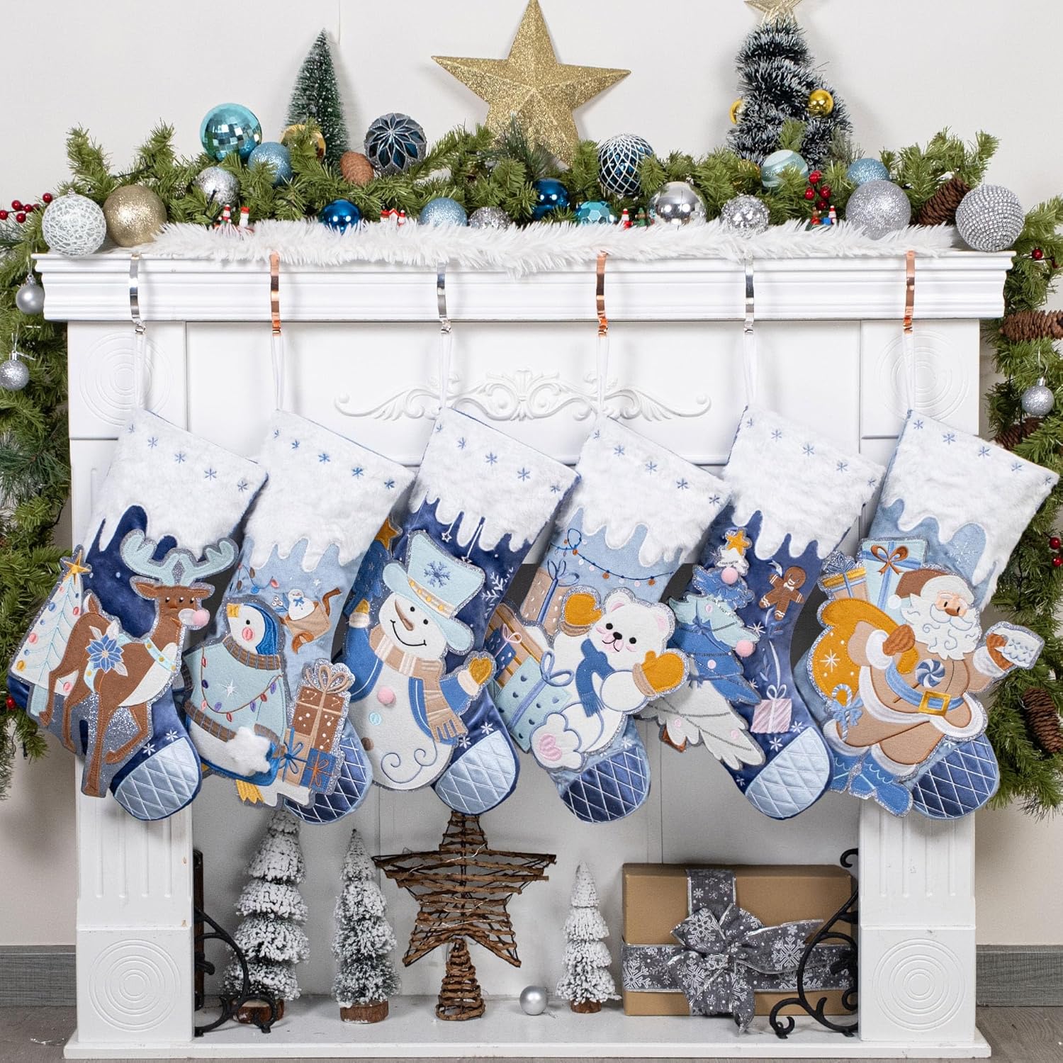 BHD BEAUTY Set of 6 Christmas Stockings Gray Burlap Buffalo Red Plaid Soft Faux Fur 20 Inches Lovely Embroidery Pattern for Family Decorations Hanging Ornament for Xmas Holiday Party