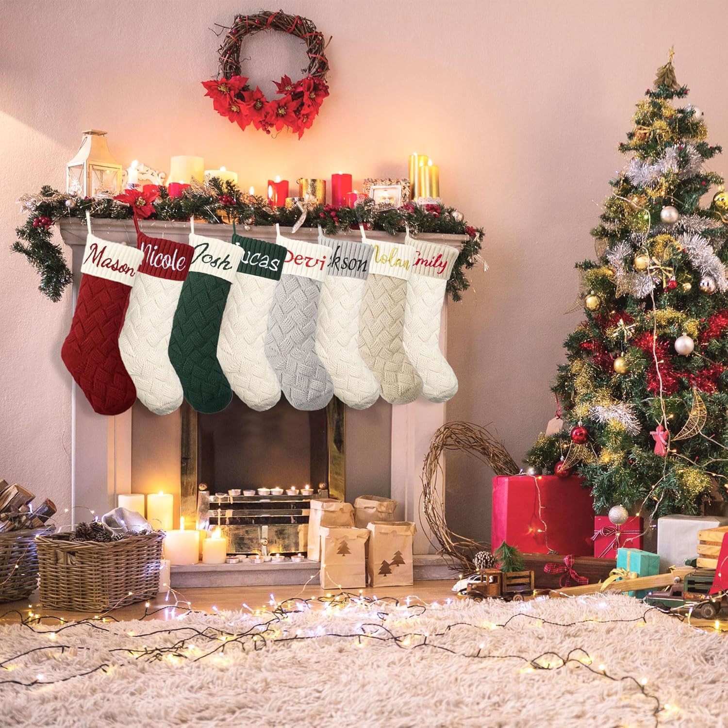 Flycalf Velvet Christmas Stockings 6 Pack Large 20 Inches with Hanging Loop Embroidery Classic Luxury Family Ornament Fireplace Hanging Stockings for Christmas Decorations