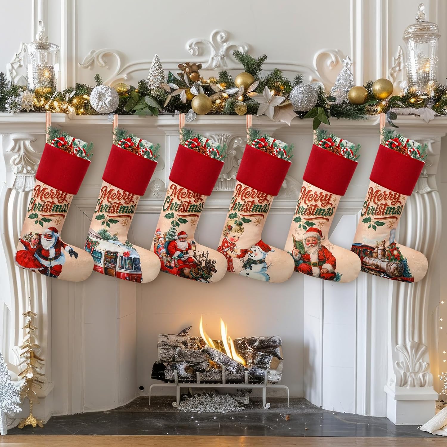 Simgoing 6 Pcs Vintage Christmas Stockings 18'' Large Rustic Santa Christmas Stockings with Velvet Border Hanging Xmas Ornament for Tree Fireplace Farmhouse Family Holiday Party Decoration Gift