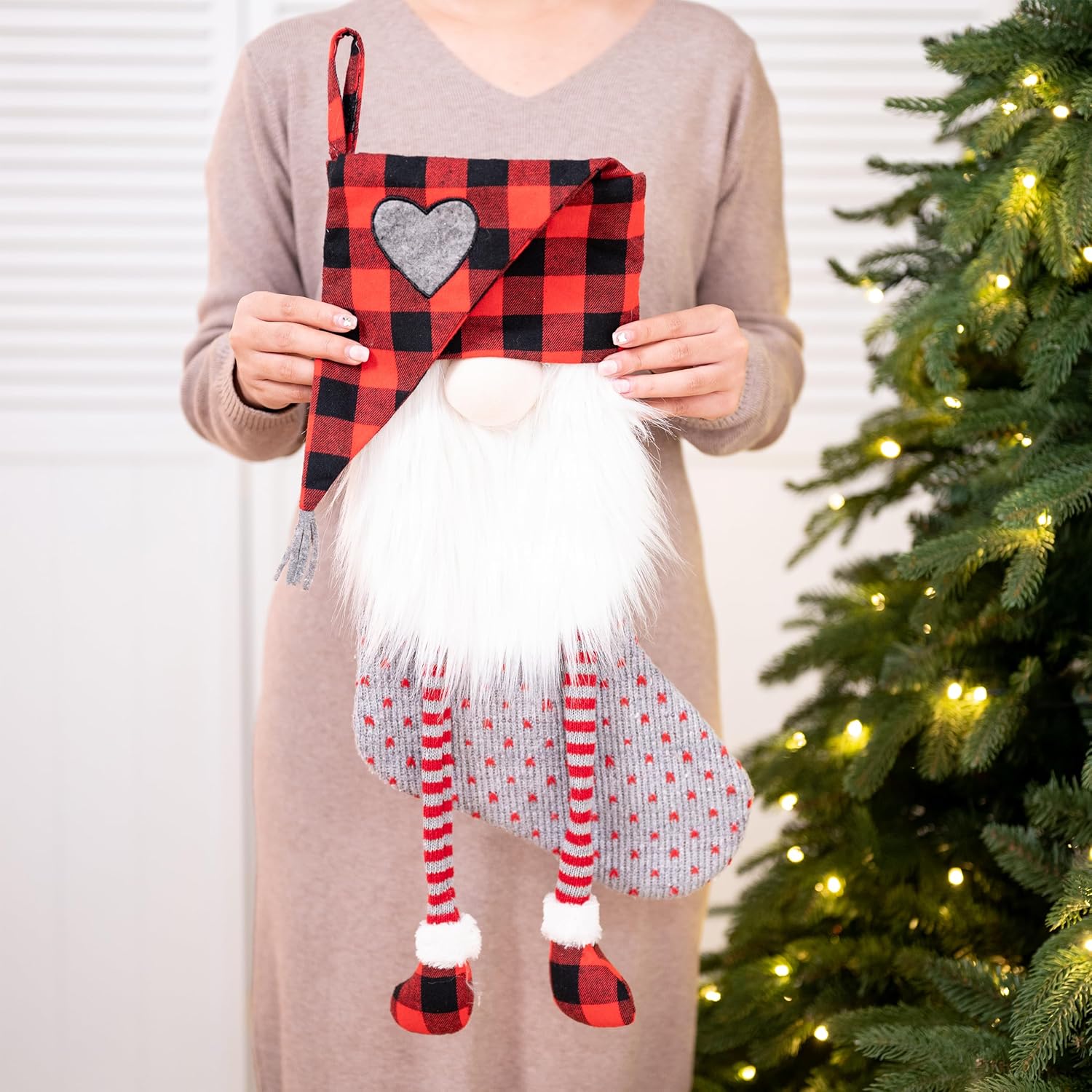 Valery Madelyn 21 Inch Christmas Gnome Stockings Decorations, 2 Pack Fabric Red Gray Tartan Cute Stocking with Name Tag, Valentine Day Gifts for Gnomes Lover and Women