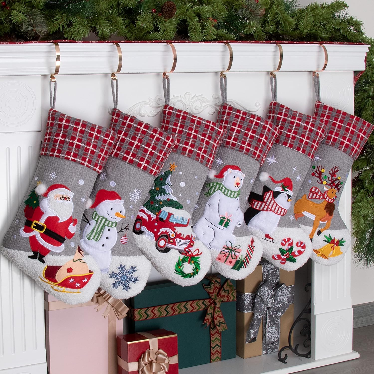 BHD BEAUTY Set of 6 Christmas Stockings Gray Burlap Buffalo Red Plaid Soft Faux Fur 20 Inches Lovely Embroidery Pattern for Family Decorations Hanging Ornament for Xmas Holiday Party
