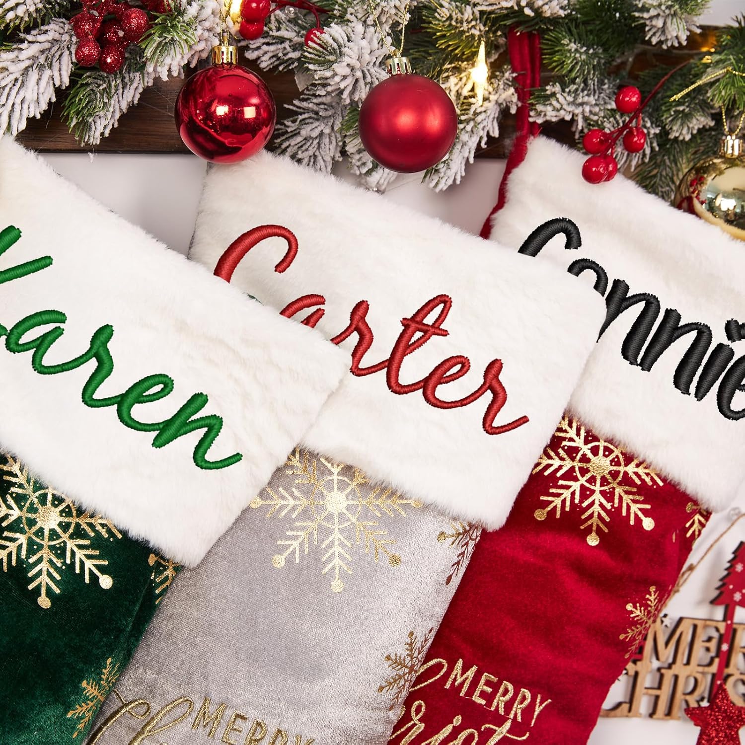 Flycalf Velvet Christmas Stockings 6 Pack Large 20 Inches with Hanging Loop Embroidery Classic Luxury Family Ornament Fireplace Hanging Stockings for Christmas Decorations