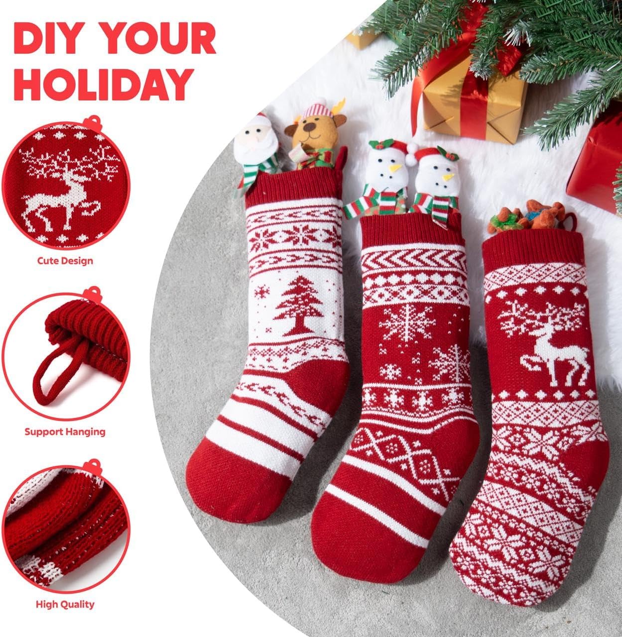 JOYIN 3 Pack 18” Christmas Stockings, Large Size Rustic Cable Knit Xmas Stocking in Red & Green, for Family Holiday Season Decorations