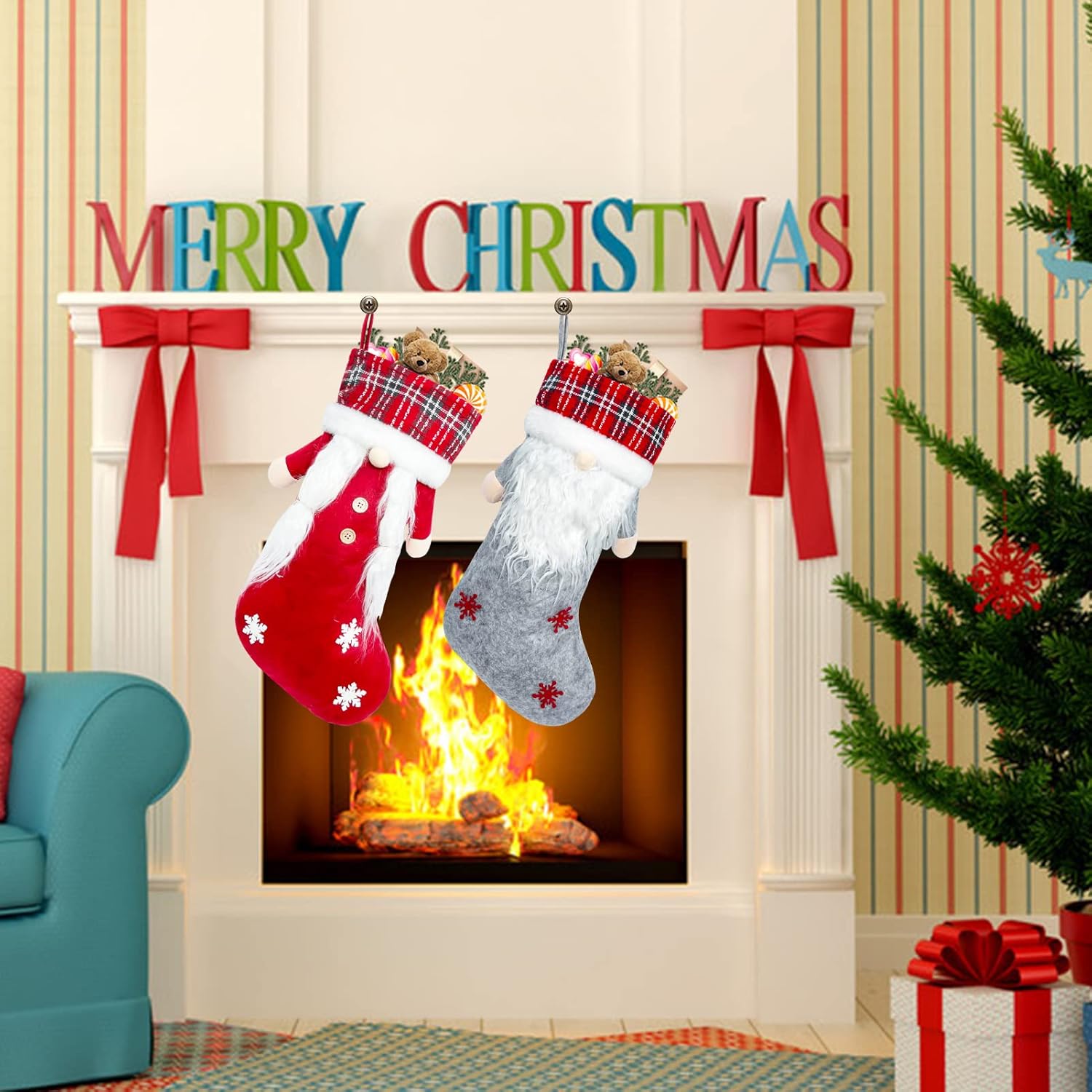Meajore 2 Pcs Christmas Stockings New Set, 3D Gnomes Santa Christmas Stockings Personalized (18inch) Soft Classic Red and Grey Fireplace Hanging for Family Holiday Xmas Party Decorations