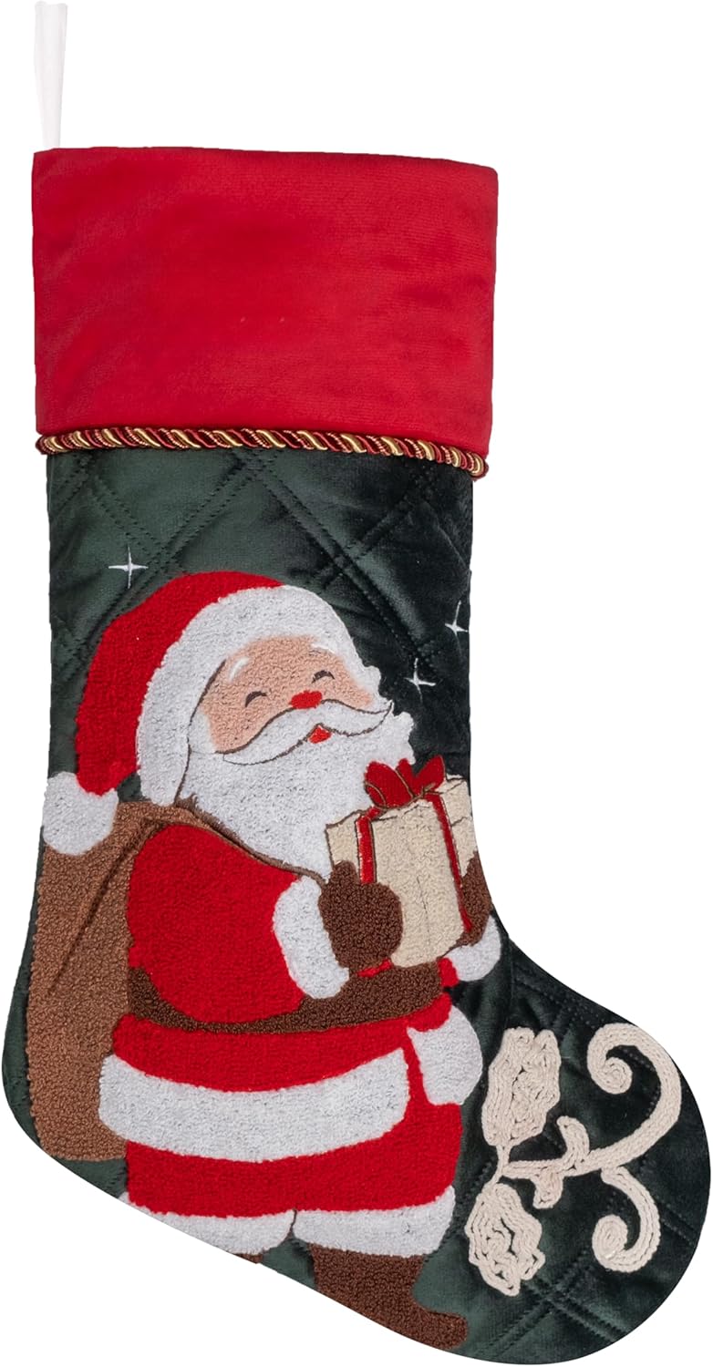 BHD BEAUTY Set of 6 Christmas Stockings Gray Burlap Buffalo Red Plaid Soft Faux Fur 20 Inches Lovely Embroidery Pattern for Family Decorations Hanging Ornament for Xmas Holiday Party