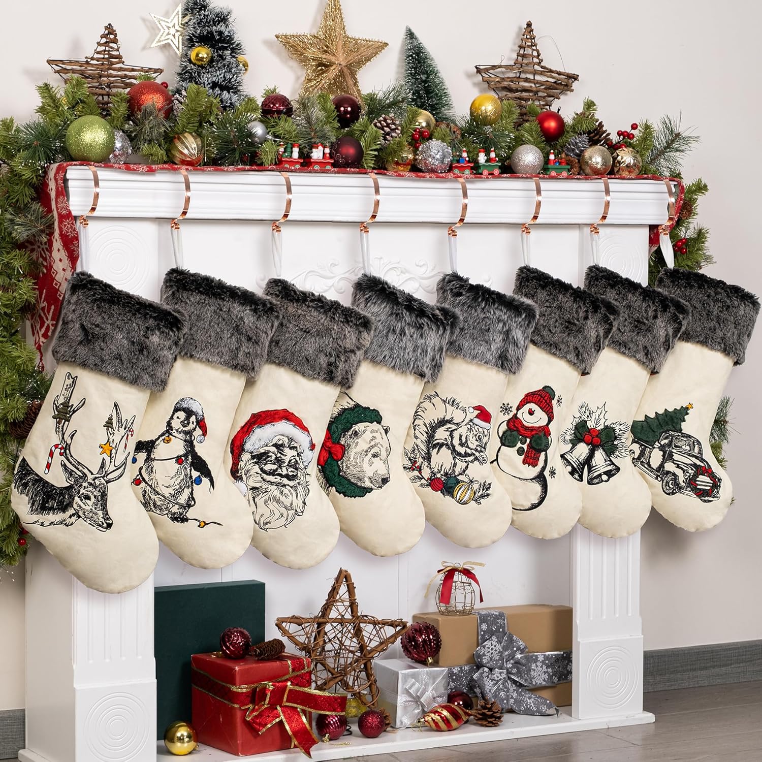 BHD BEAUTY Set of 6 Christmas Stockings Gray Burlap Buffalo Red Plaid Soft Faux Fur 20 Inches Lovely Embroidery Pattern for Family Decorations Hanging Ornament for Xmas Holiday Party