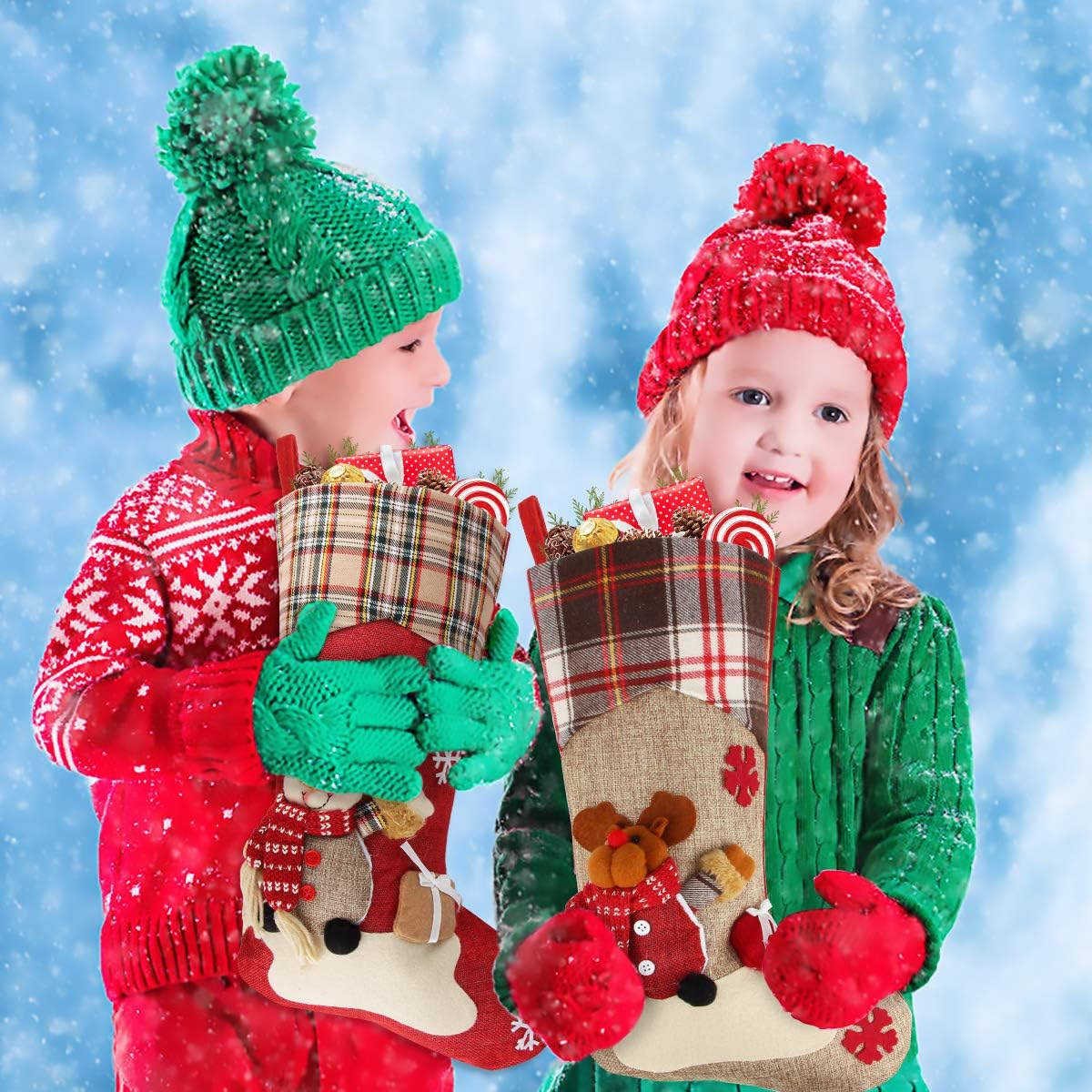 Dreampark Christmas Stockings Bulk 4 Pcs - 18 Classic Xmas Stockings Set of 4 - Santa Snowman Reindeer Penguin Christmas Stocking Decorations Home Decor Party Supplies & Kids Gifts