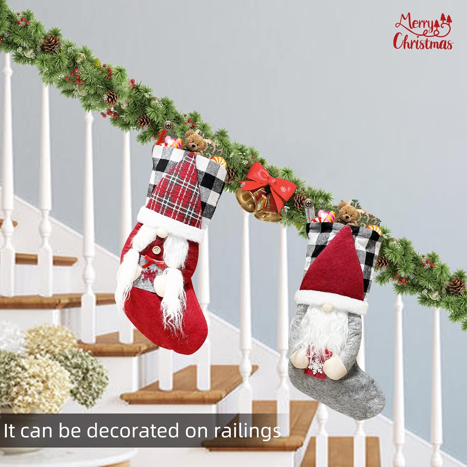 Meajore 2 Pcs Christmas Stockings New Set, 3D Gnomes Santa Christmas Stockings Personalized (18inch) Soft Classic Red and Grey Fireplace Hanging for Family Holiday Xmas Party Decorations