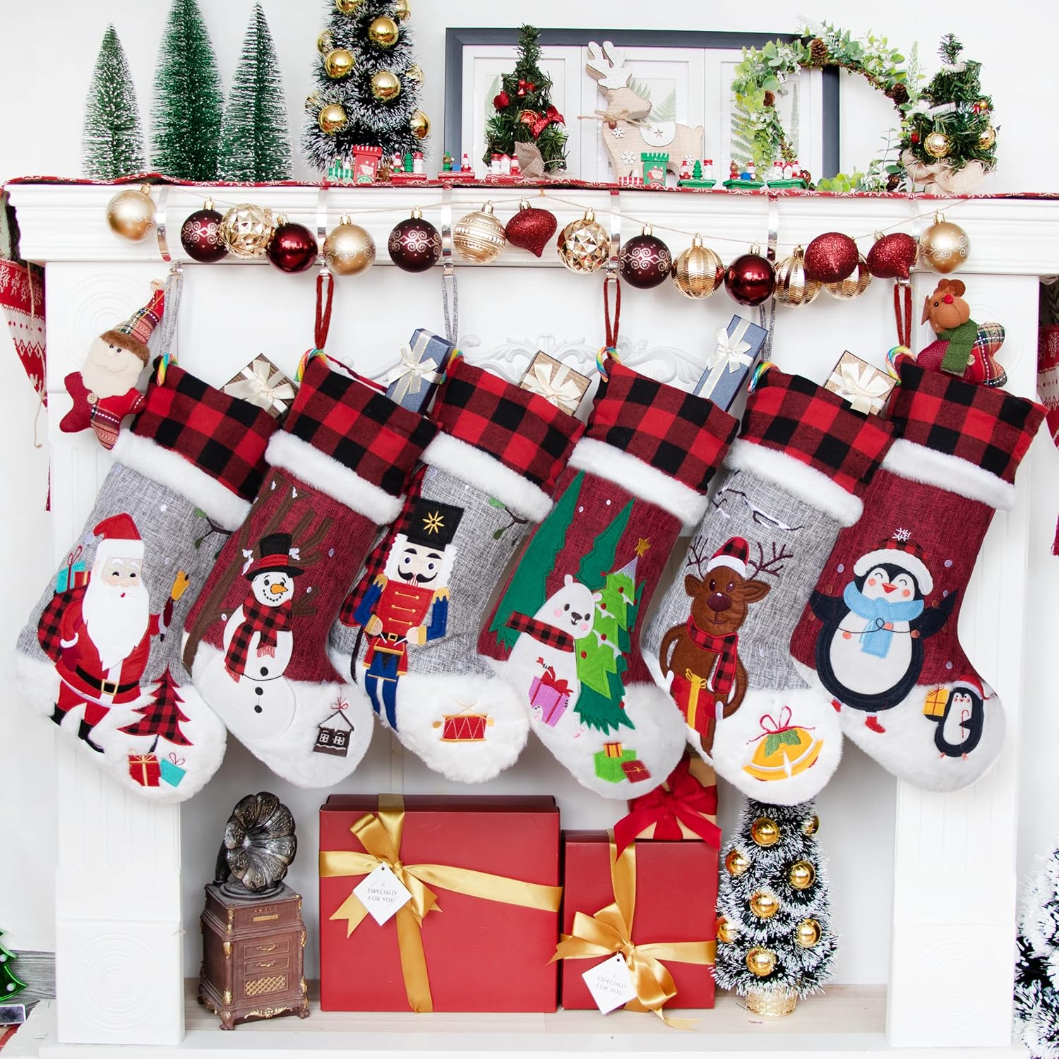 BHD BEAUTY Set of 6 Christmas Stockings Gray Burlap Buffalo Red Plaid Soft Faux Fur 20 Inches Lovely Embroidery Pattern for Family Decorations Hanging Ornament for Xmas Holiday Party