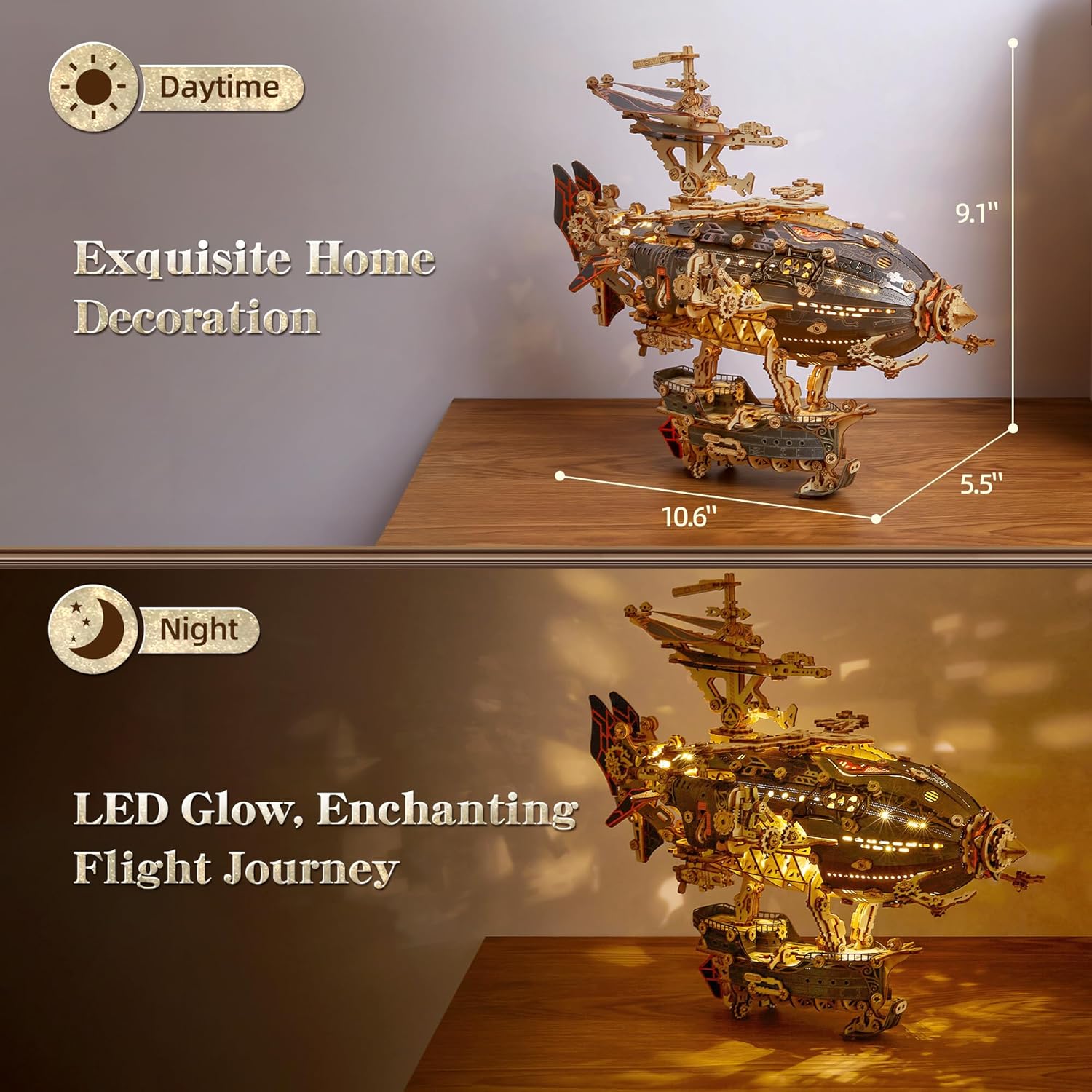 FUNPOLA LED 3D Wood Puzzle Fantasy Airship Model - Steampunk DIY Craft Kit with LED Lights – Intricate Wooden Airship Model Building Set for Teens and Adults(White)