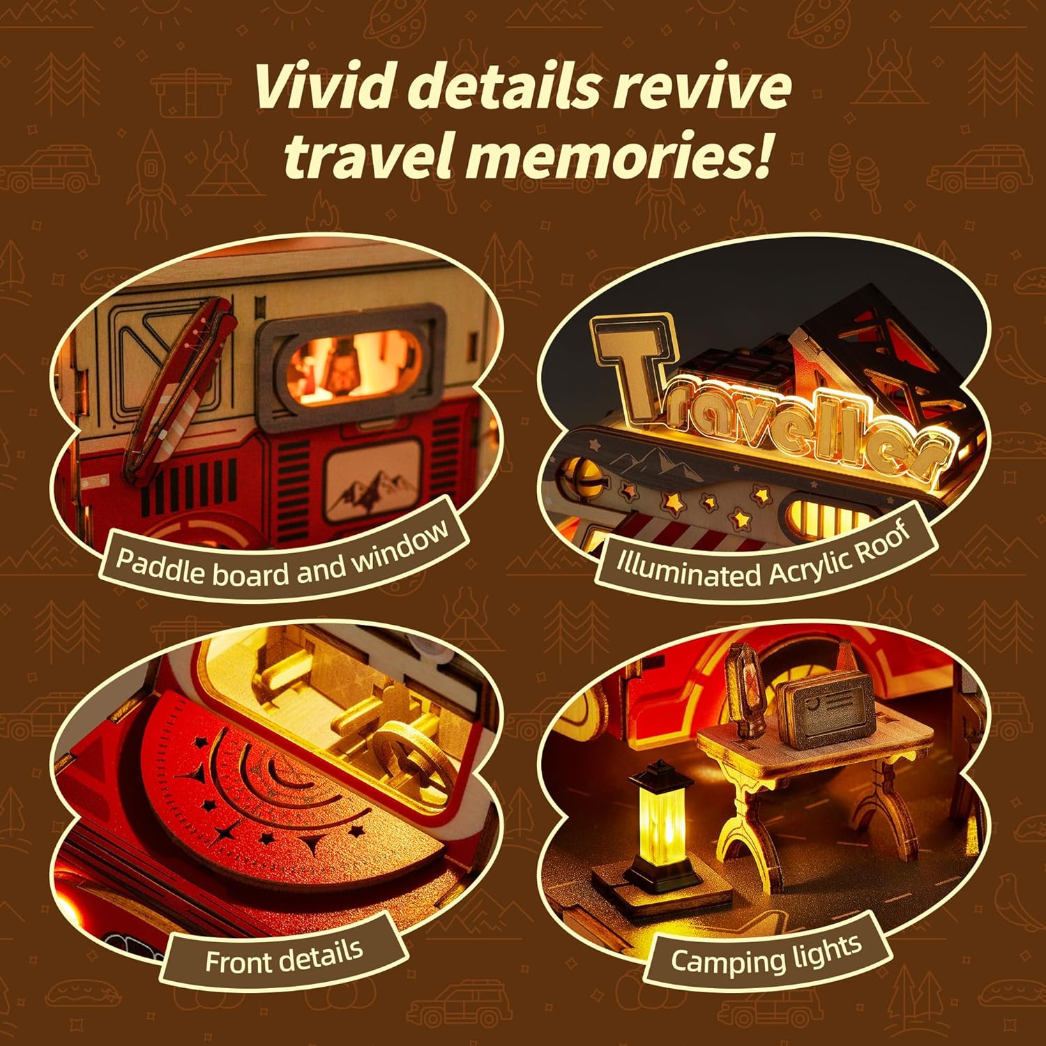 FUNPOLA 3D Wood Puzzle Travel Truck Model - DIY Miniature Adventure Truck Kit with LED Lights - Creative Gift for Kids and Adults(Travel Truck)