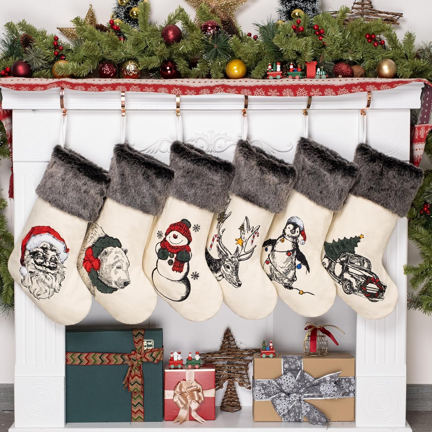 BHD BEAUTY Set of 6 Christmas Stockings Gray Burlap Buffalo Red Plaid Soft Faux Fur 20 Inches Lovely Embroidery Pattern for Family Decorations Hanging Ornament for Xmas Holiday Party