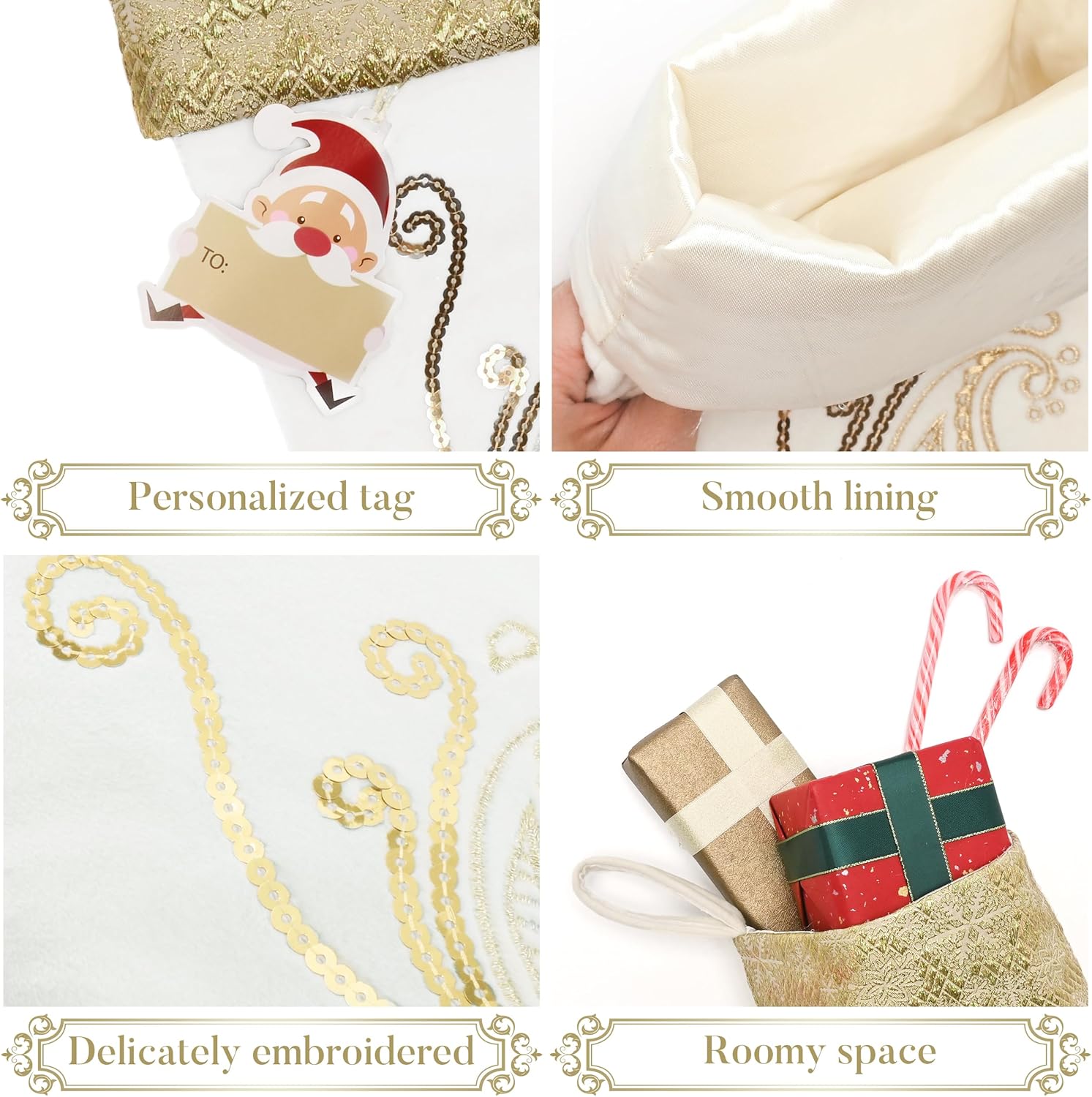 Valery Madelyn 21 Inches Christmas Stockings Decorations, 2 Pack White and Gold Stockings Embroidered in Gold Thread, Elegant Stocking Christmas with Name Tag for Fireplace Decor