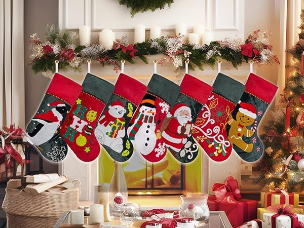 BHD BEAUTY Set of 6 Christmas Stockings Gray Burlap Buffalo Red Plaid Soft Faux Fur 20 Inches Lovely Embroidery Pattern for Family Decorations Hanging Ornament for Xmas Holiday Party