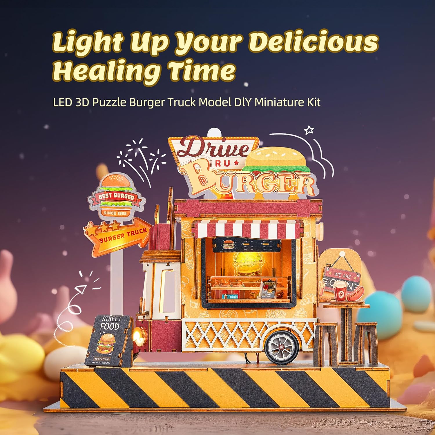 FUNPOLA 3D Wood Puzzle Travel Truck Model - DIY Miniature Adventure Truck Kit with LED Lights - Creative Gift for Kids and Adults(Travel Truck)