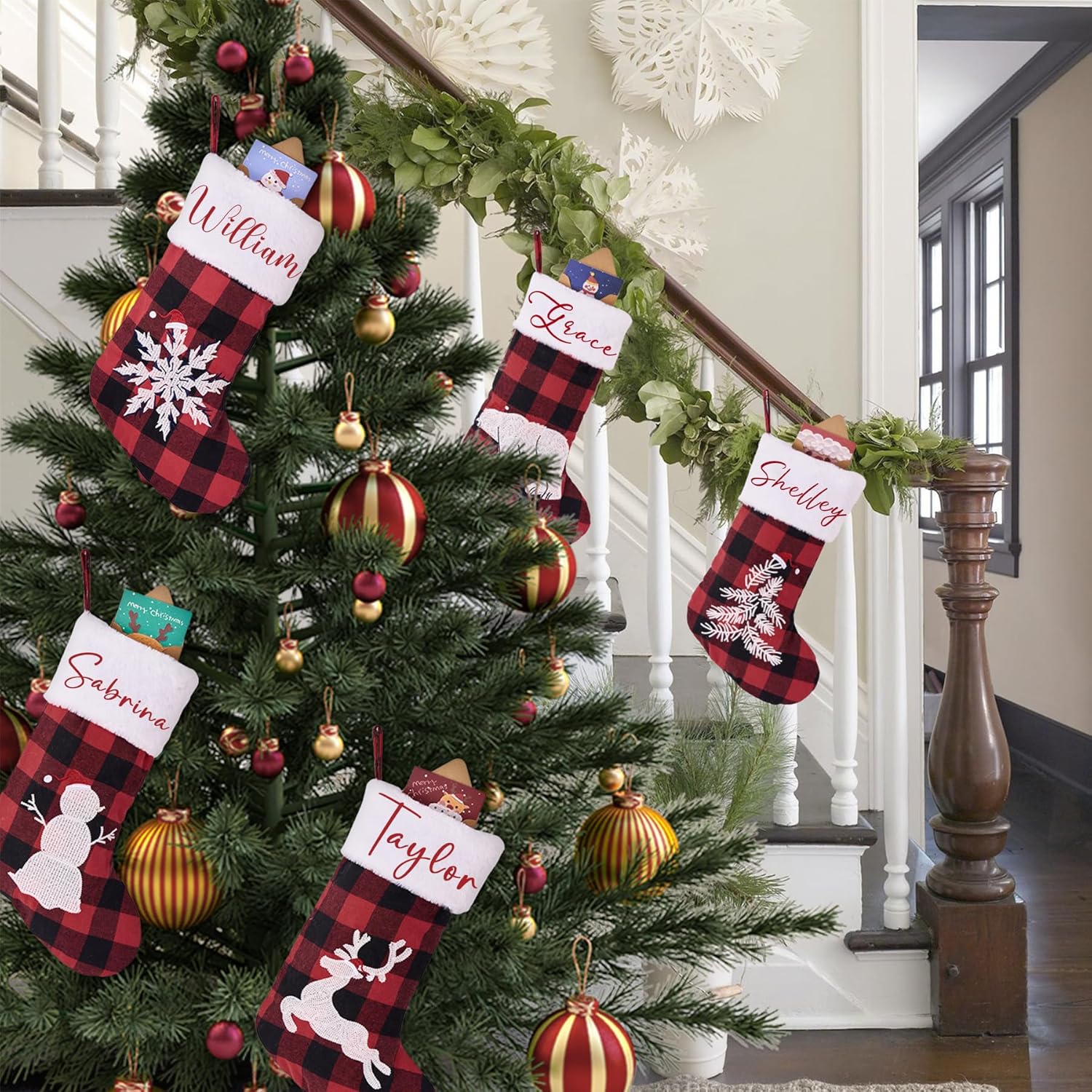 Flycalf Velvet Christmas Stockings 6 Pack Large 20 Inches with Hanging Loop Embroidery Classic Luxury Family Ornament Fireplace Hanging Stockings for Christmas Decorations