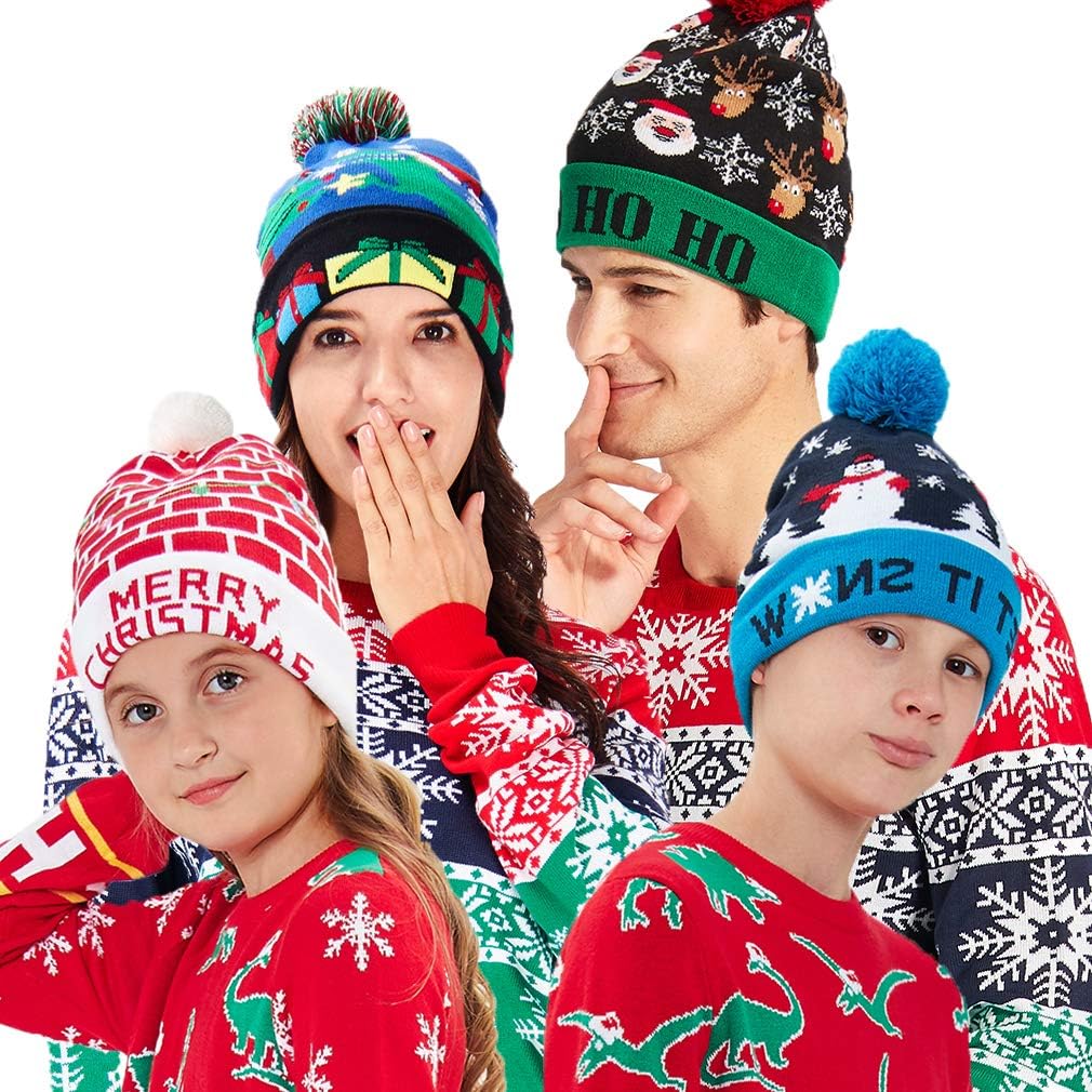 Unisex Ugly LED Christmas Hat Novelty Colorful Light-up Stylish Knitted Sweater Xmas Party Beanie Cap(6 Lights)