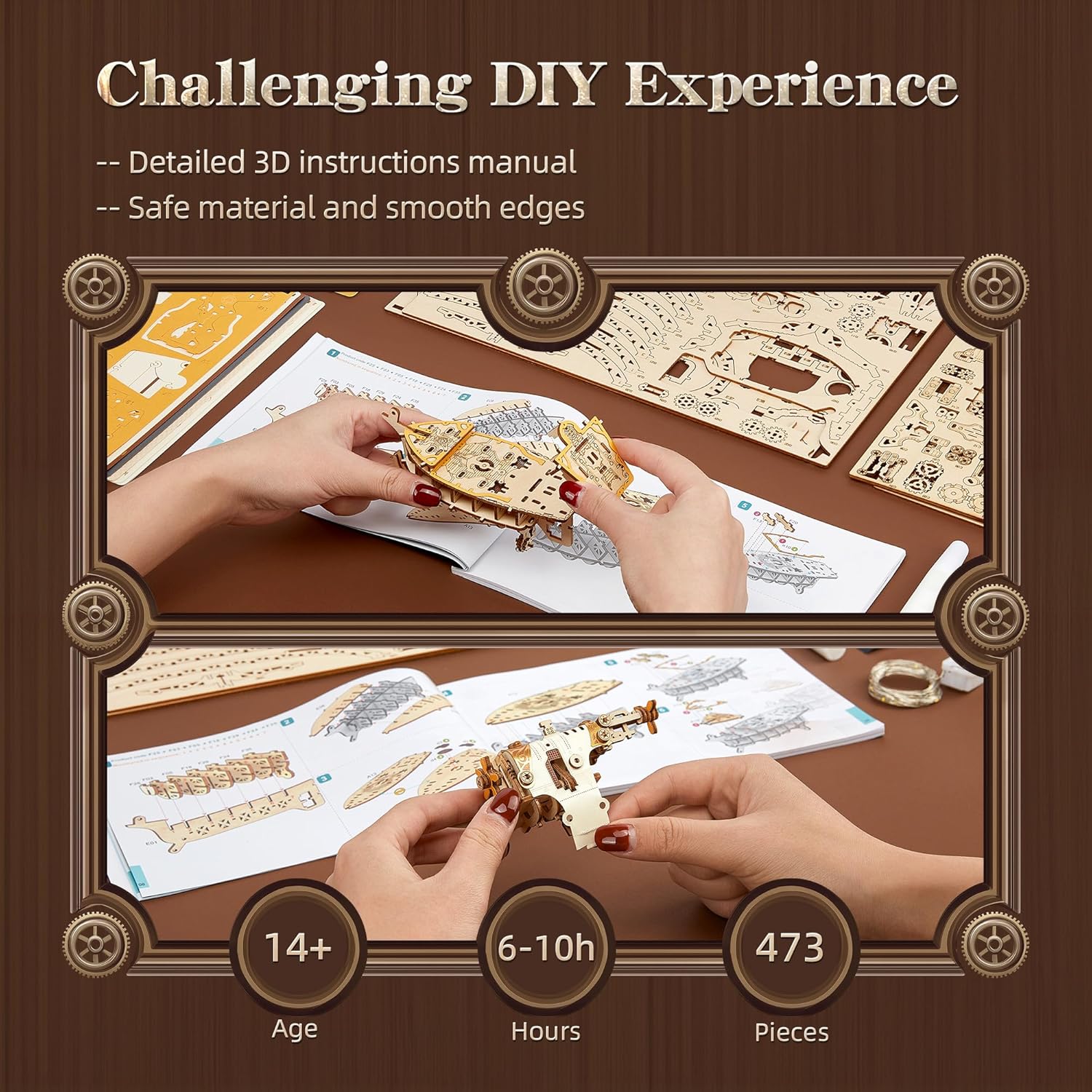 FUNPOLA LED 3D Wood Puzzle Fantasy Airship Model - Steampunk DIY Craft Kit with LED Lights – Intricate Wooden Airship Model Building Set for Teens and Adults(White)