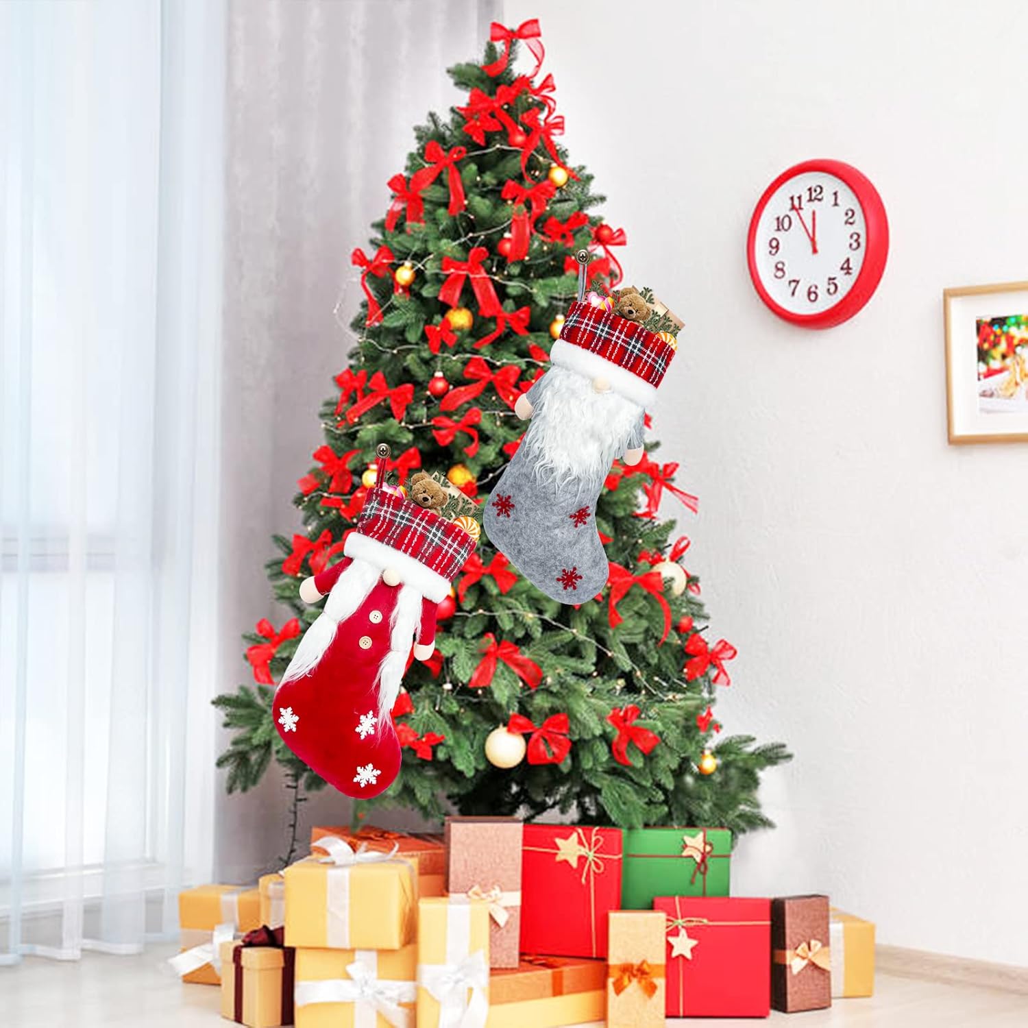 Meajore 2 Pcs Christmas Stockings New Set, 3D Gnomes Santa Christmas Stockings Personalized (18inch) Soft Classic Red and Grey Fireplace Hanging for Family Holiday Xmas Party Decorations