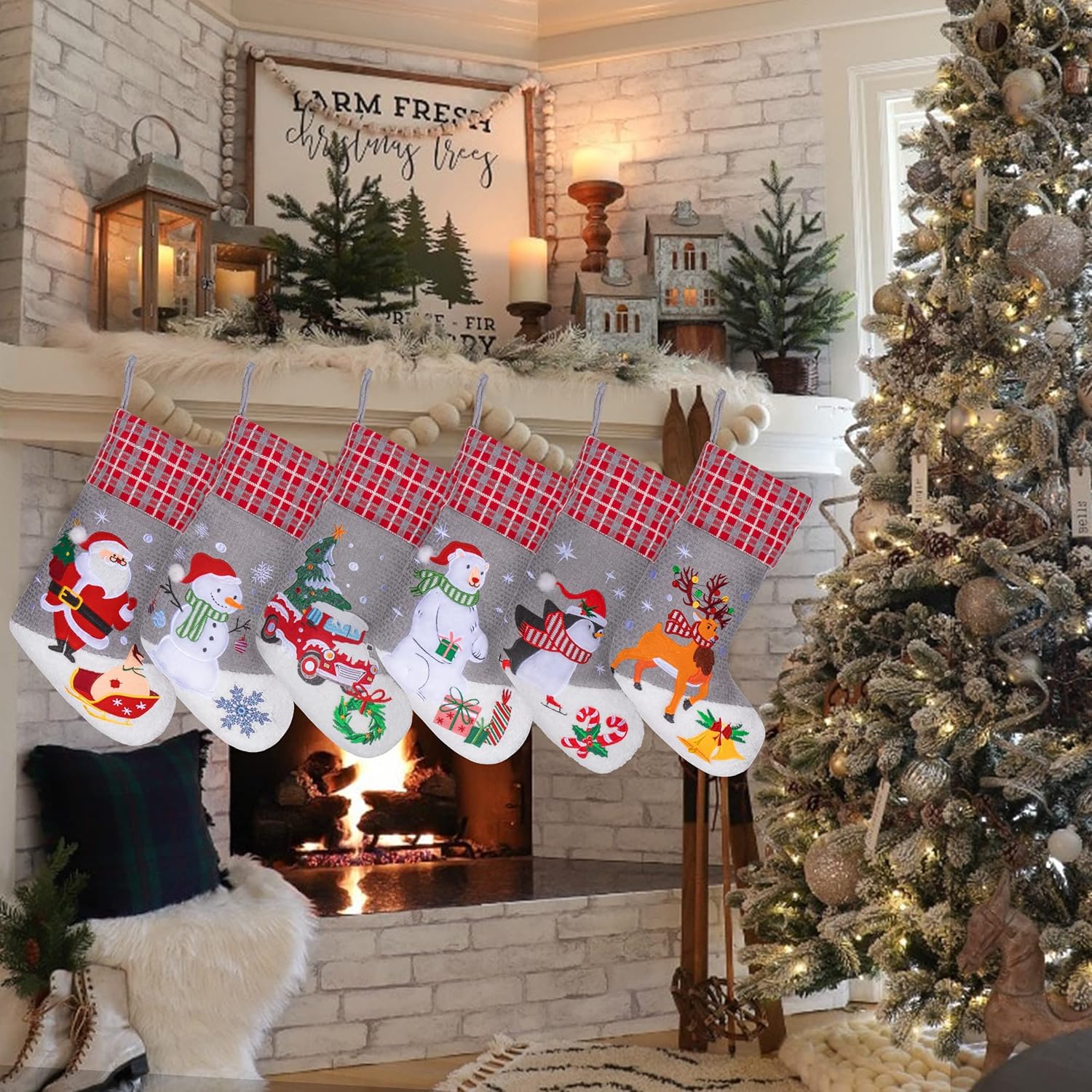 BHD BEAUTY Set of 6 Christmas Stockings Gray Burlap Buffalo Red Plaid Soft Faux Fur 20 Inches Lovely Embroidery Pattern for Family Decorations Hanging Ornament for Xmas Holiday Party