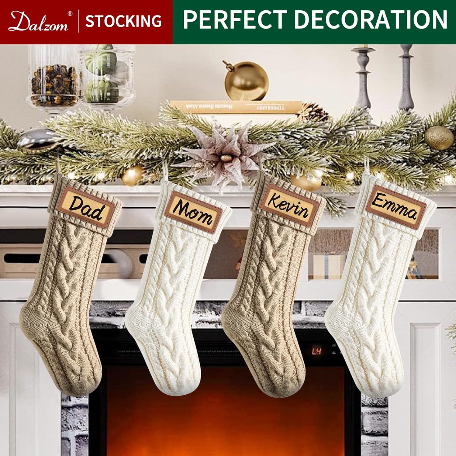 Dalzom® 4Pcs Personalized Christmas Stockings with Leather Patches Custom Name, 18” Premium Large Knitted Christmas Stockings for Kids, Family, Holiday and Fireplace Party Decoration